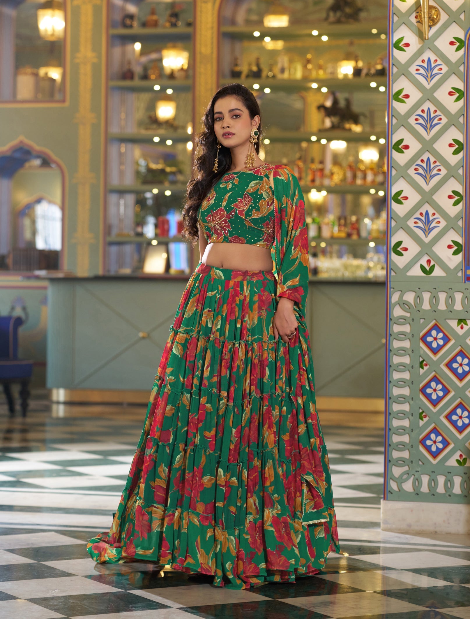 Lorenvalley Fashion Multicolor Marble Floral Printed Lehenga Choli With Dupatta