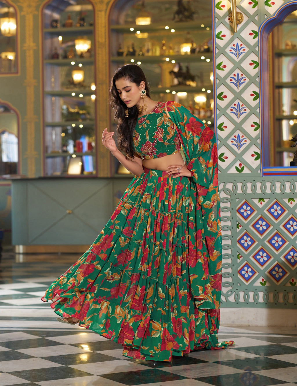 Lorenvalley Fashion Multicolor Marble Floral Printed Lehenga Choli With Dupatta
