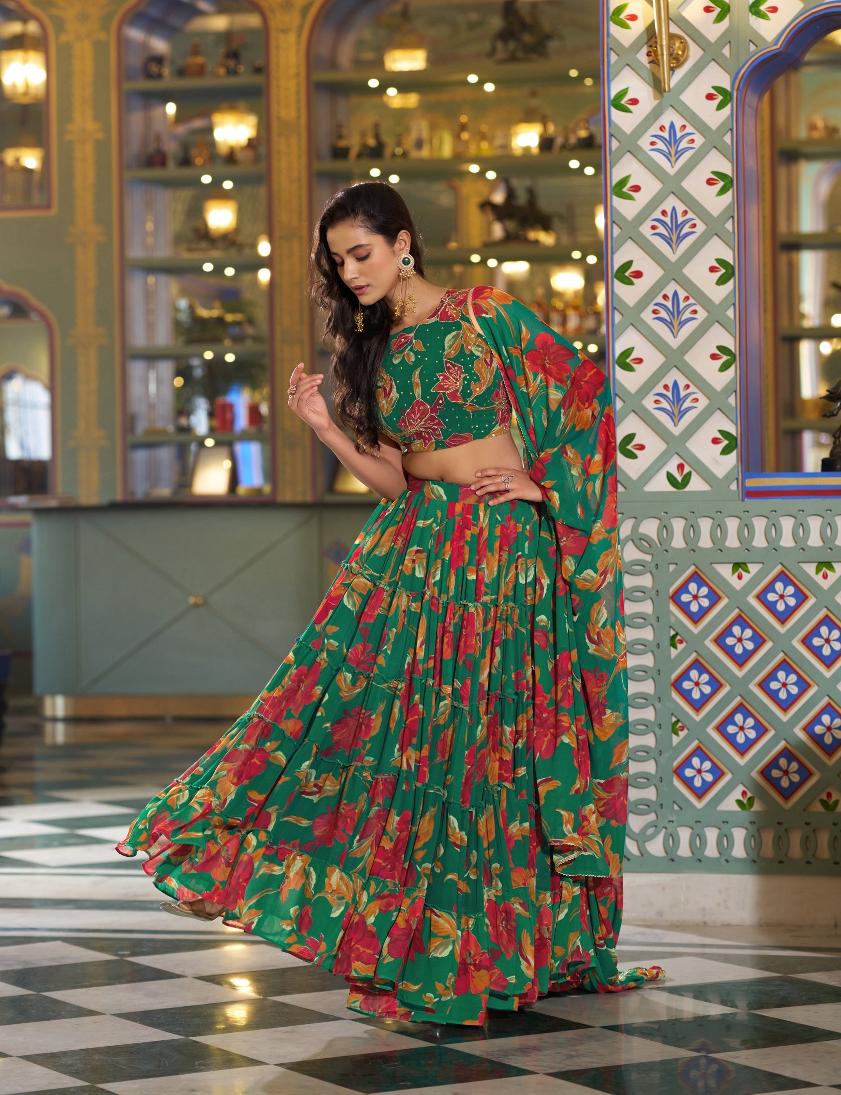Lorenvalley Fashion Multicolor Marble Floral Printed Lehenga Choli With Dupatta
