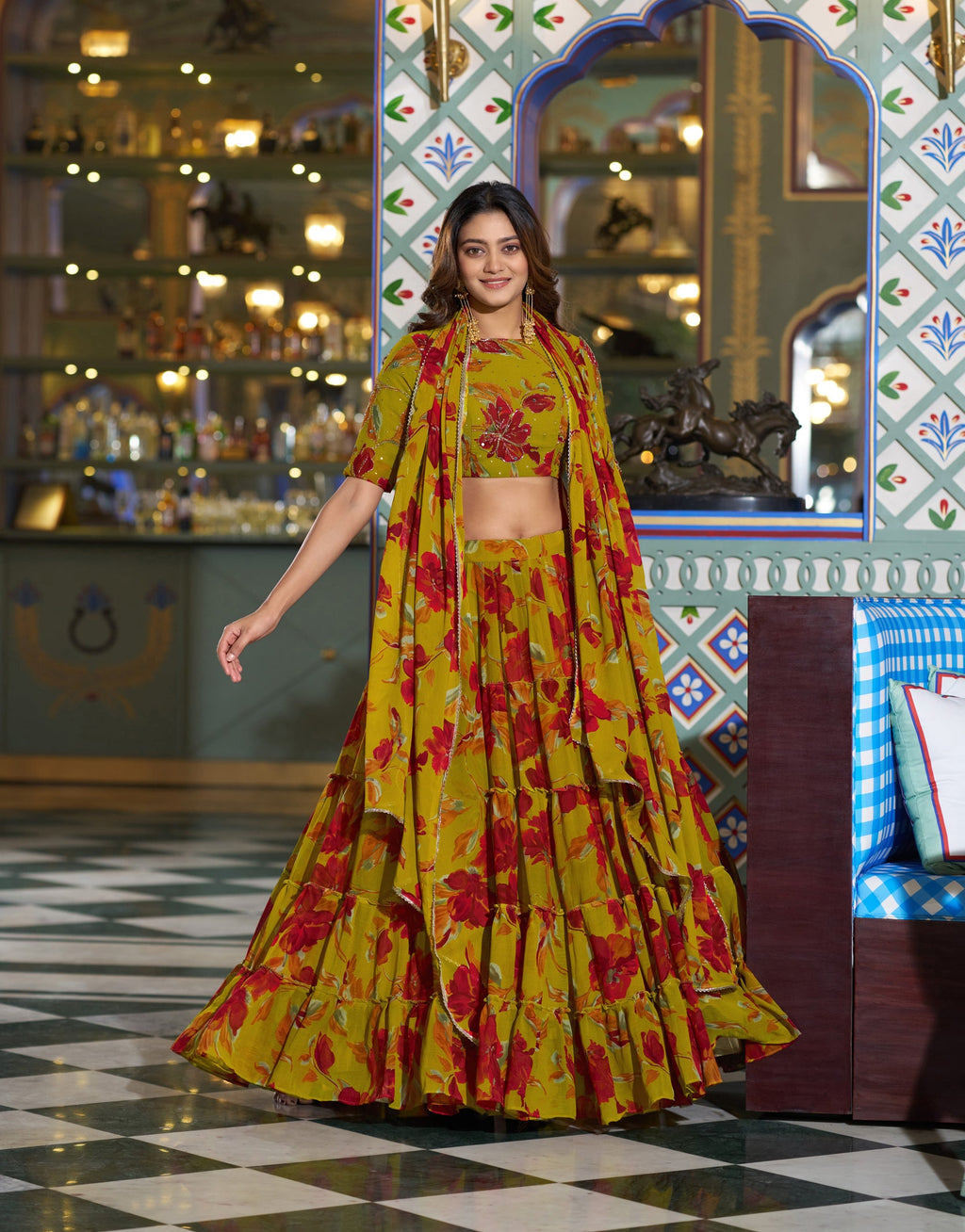 Lorenvalley Fashion Multicolor Marble Floral Printed Lehenga Choli With Dupatta
