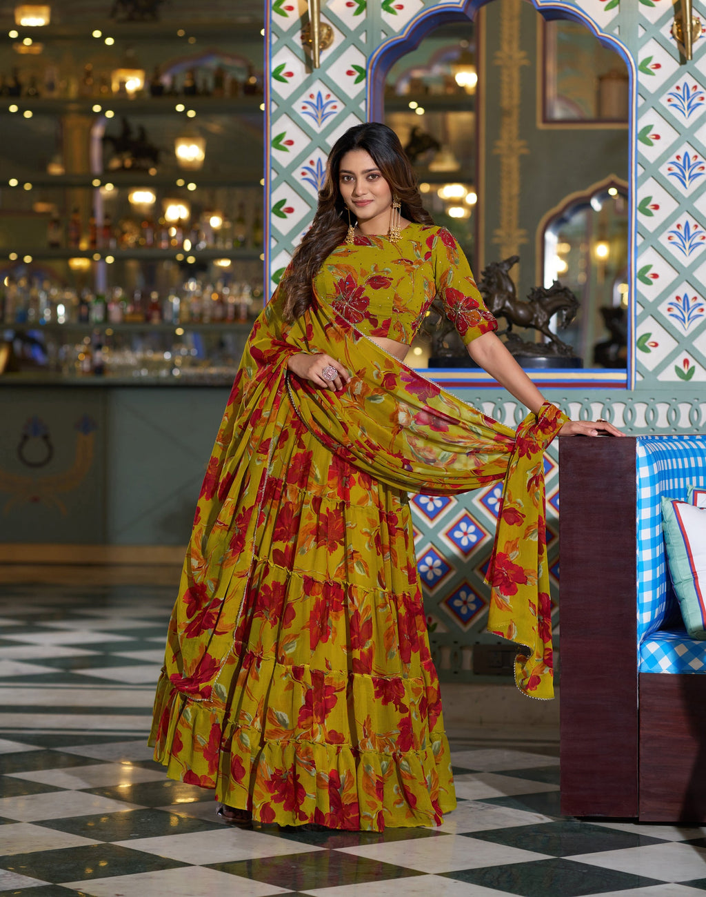 Lorenvalley Fashion Multicolor Marble Floral Printed Lehenga Choli With Dupatta
