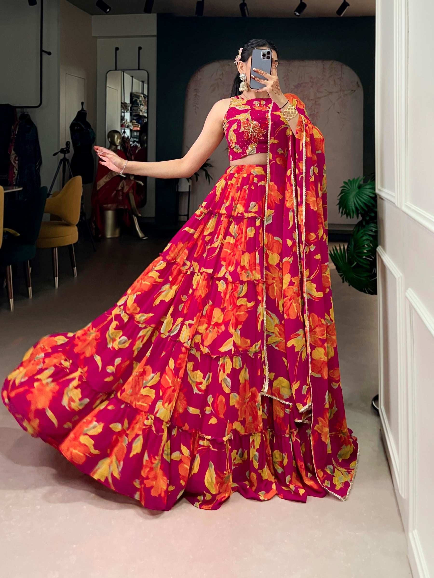 Lorenvalley Fashion Multicolor Marble Floral Printed Lehenga Choli with Dupatta