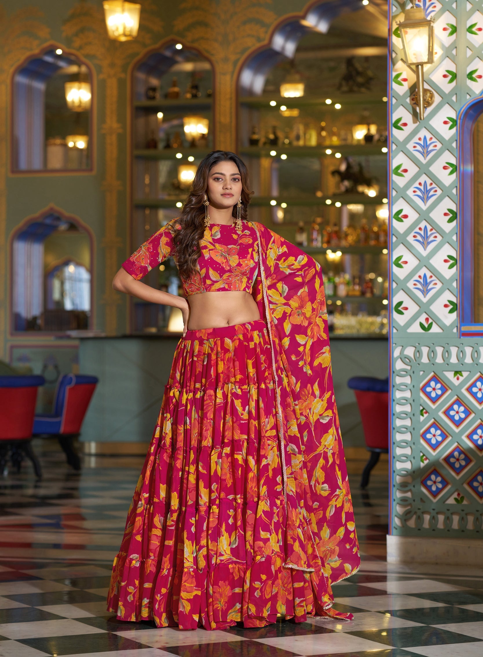 Lorenvalley Fashion Multicolor Marble Floral Printed Lehenga Choli With Dupatta