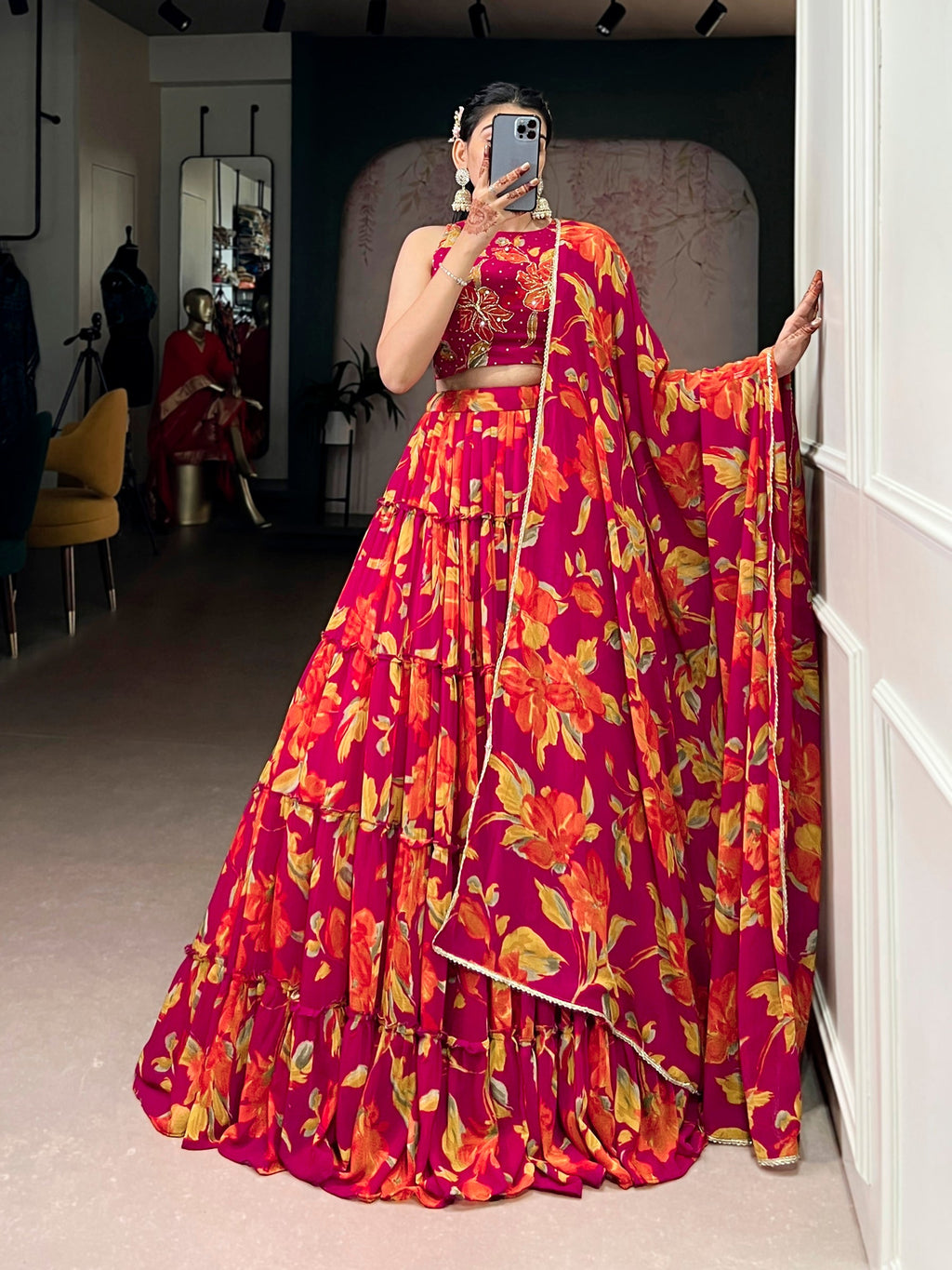 Lorenvalley Fashion Multicolor Marble Floral Printed Lehenga Choli with Dupatta
