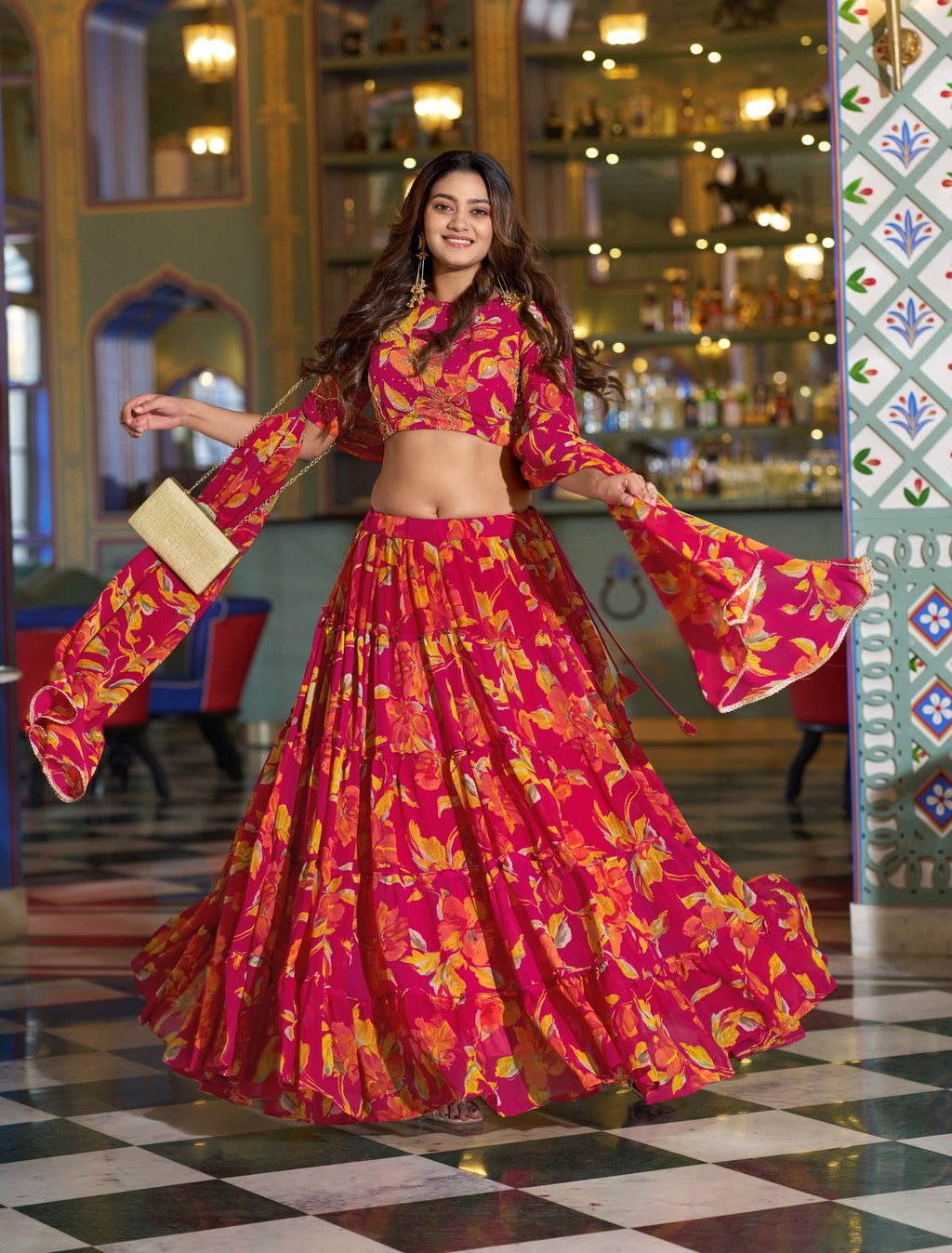 Lorenvalley Fashion Multicolor Marble Floral Printed Lehenga Choli With Dupatta
