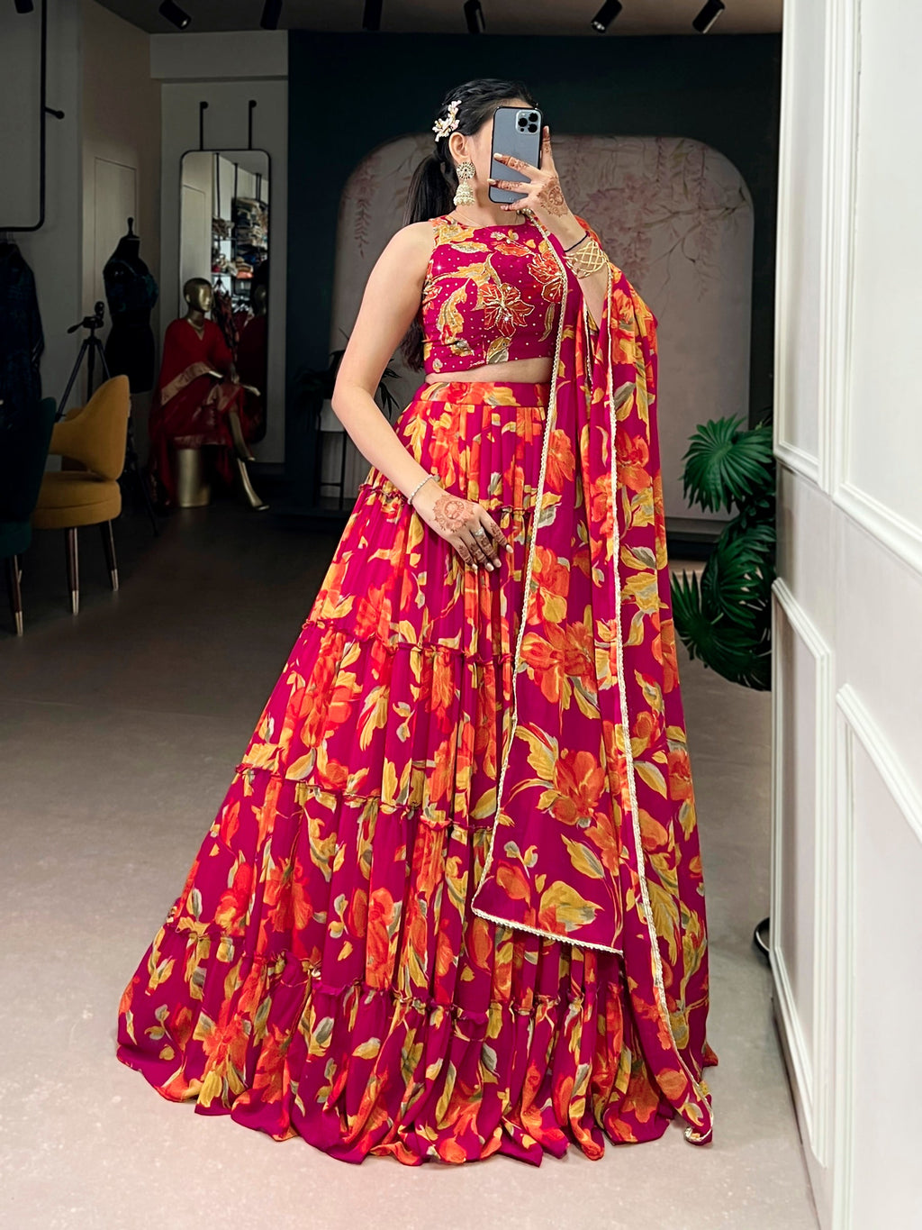 Lorenvalley Fashion Multicolor Marble Floral Printed Lehenga Choli with Dupatta