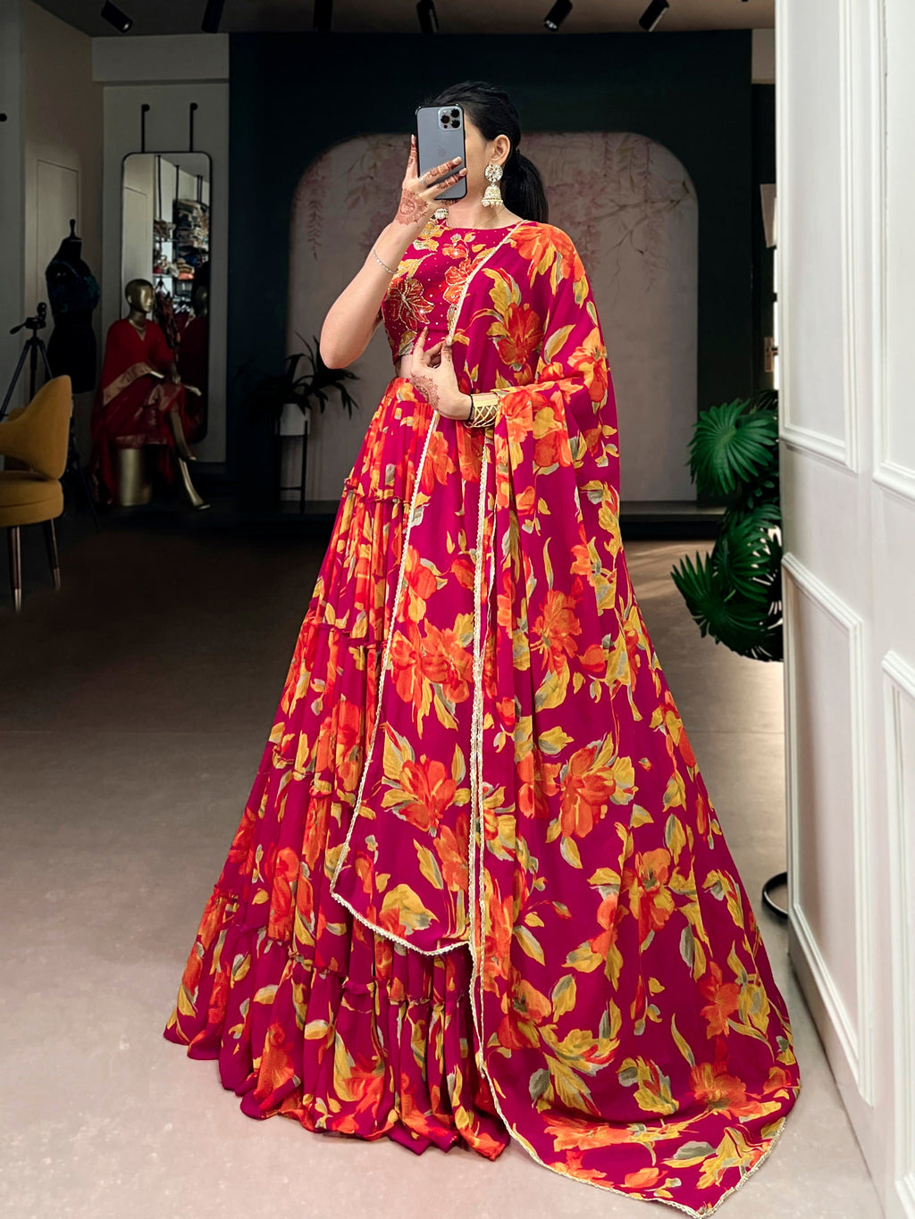 Lorenvalley Fashion Multicolor Marble Floral Printed Lehenga Choli with Dupatta