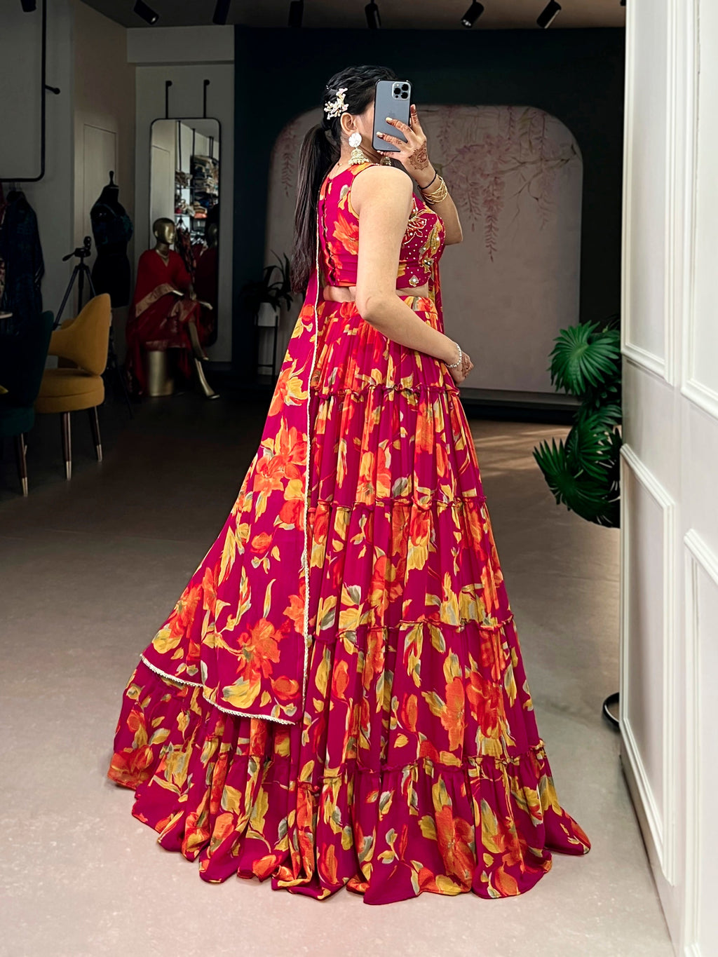 Lorenvalley Fashion Multicolor Marble Floral Printed Lehenga Choli with Dupatta