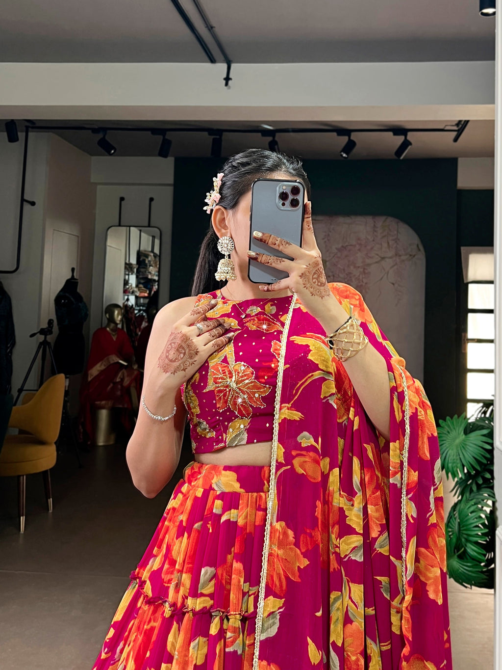 Lorenvalley Fashion Multicolor Marble Floral Printed Lehenga Choli with Dupatta