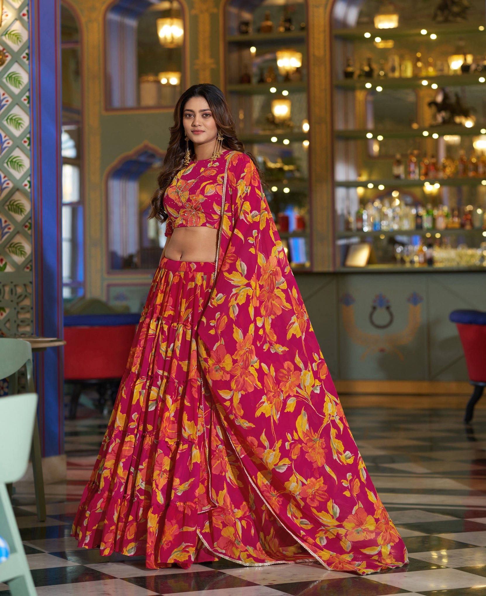 Lorenvalley Fashion Multicolor Marble Floral Printed Lehenga Choli With Dupatta