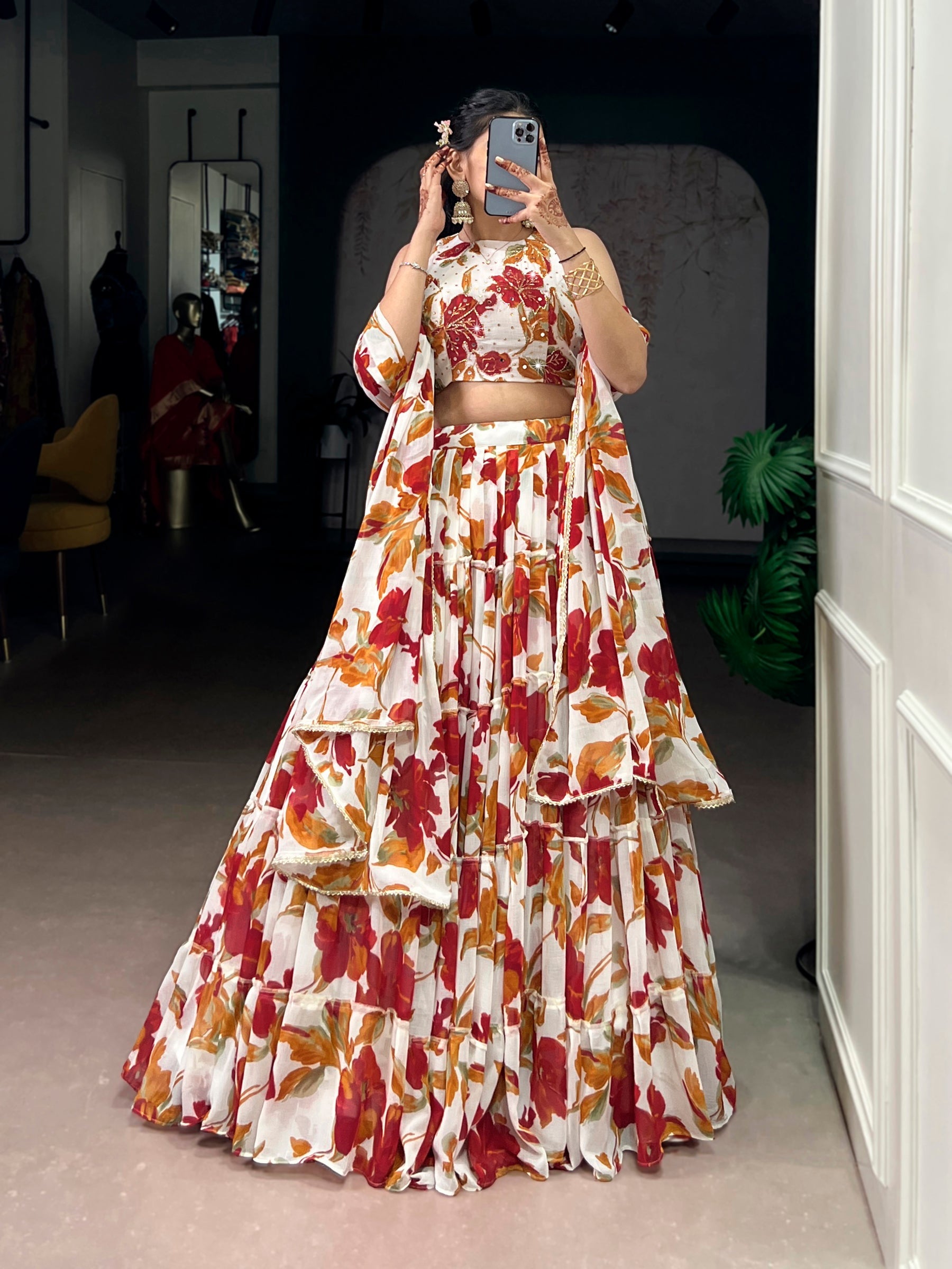 Lorenvalley Fashion Multicolor Marble Floral Printed Lehenga Choli with Dupatta