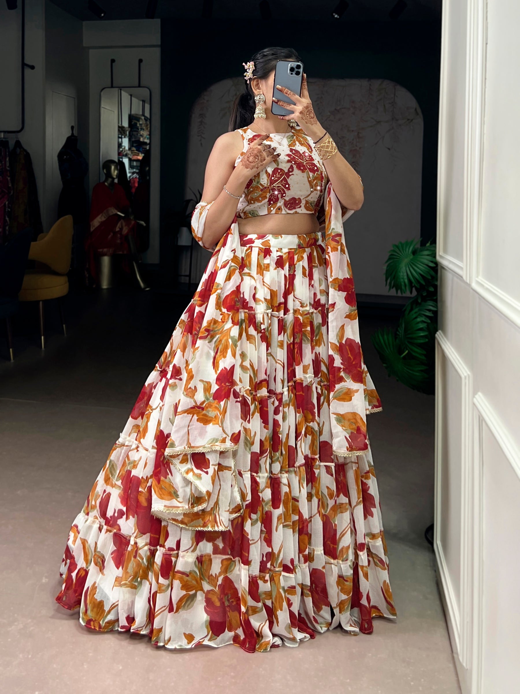 Lorenvalley Fashion Multicolor Marble Floral Printed Lehenga Choli with Dupatta