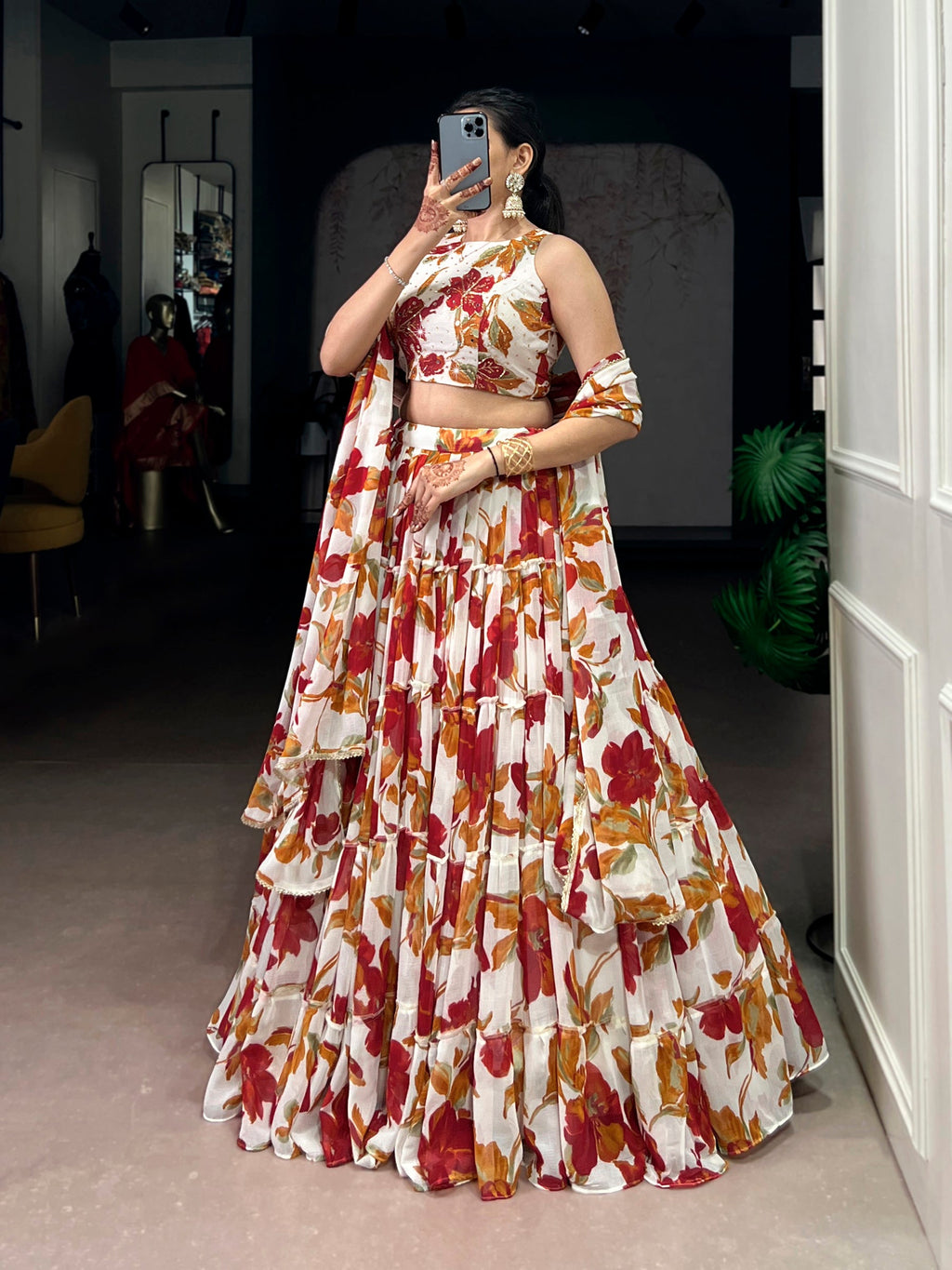 Lorenvalley Fashion Multicolor Marble Floral Printed Lehenga Choli with Dupatta