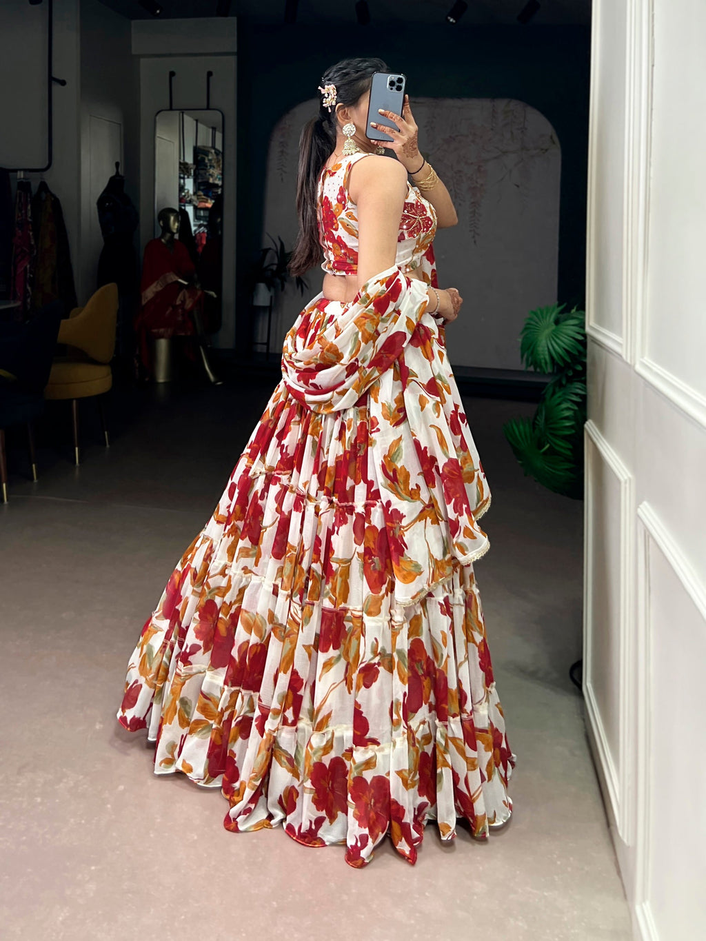 Lorenvalley Fashion Multicolor Marble Floral Printed Lehenga Choli with Dupatta
