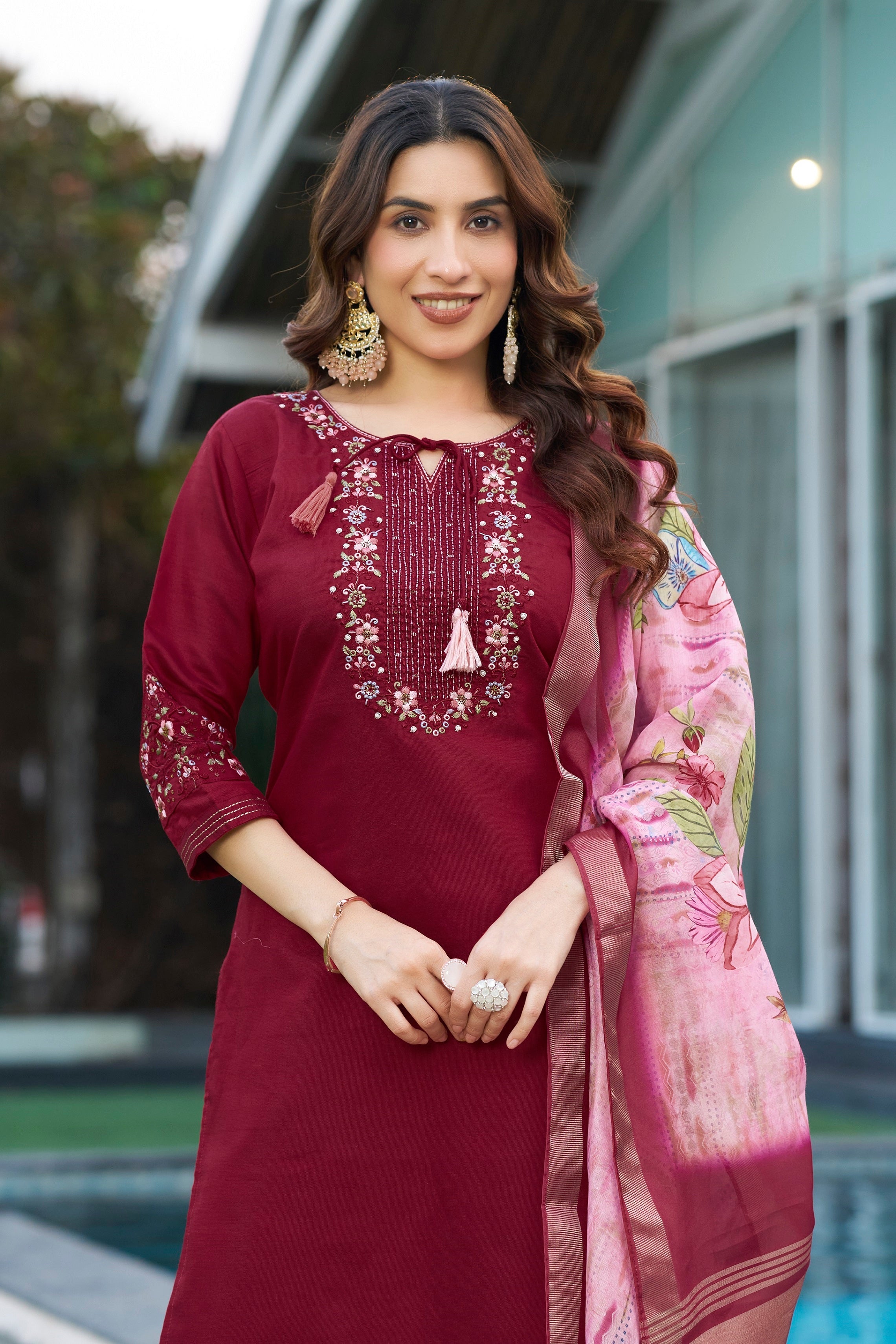 Vedant Vastram Viscose Silk Embroidery & Sequence Work Stitched Kurta Pant Dupatta Set-Maroon