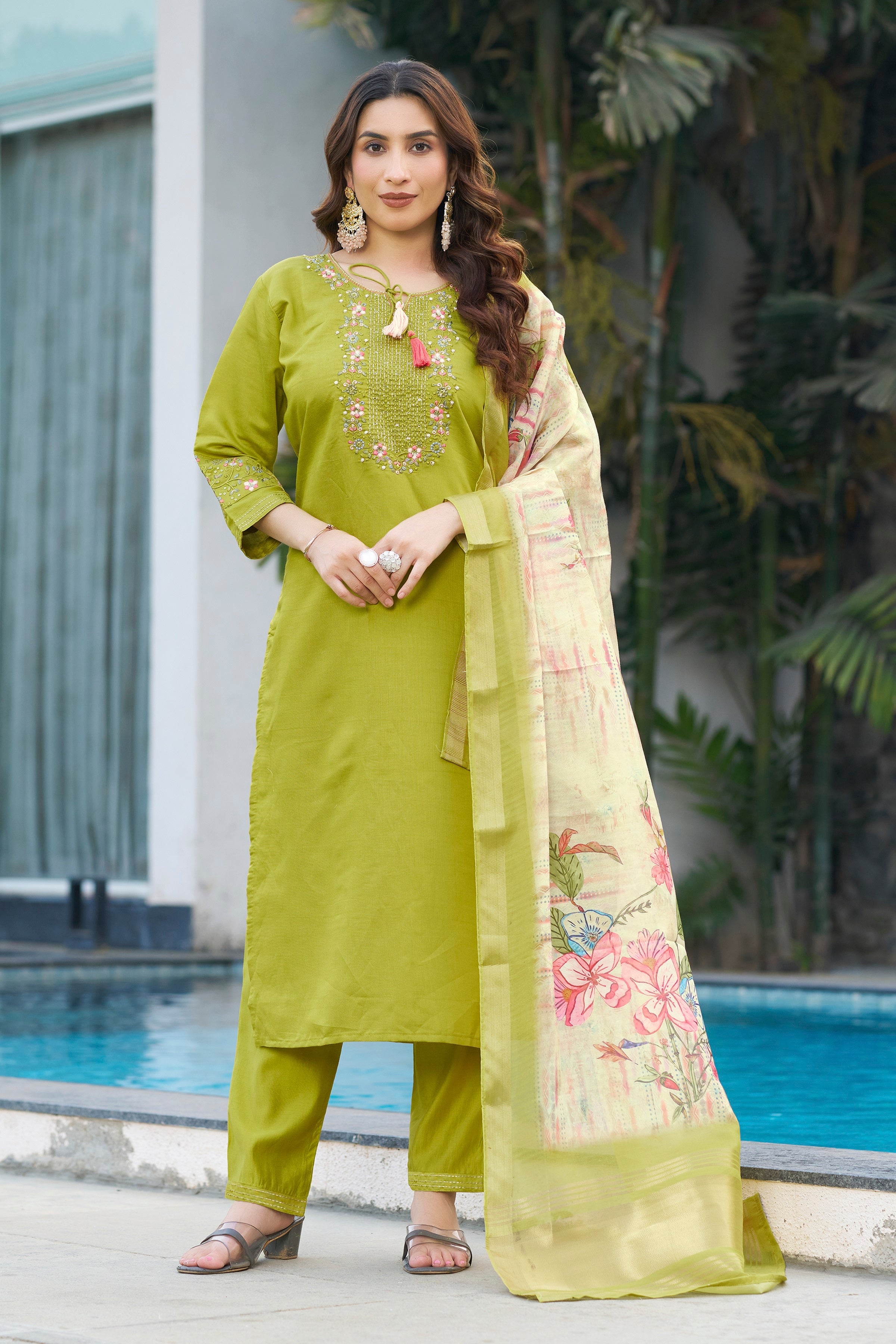 Vedant Vastram Viscose Silk Embroidery & Sequence Work Stitched Kurta Pant Dupatta Set-Parrot Green