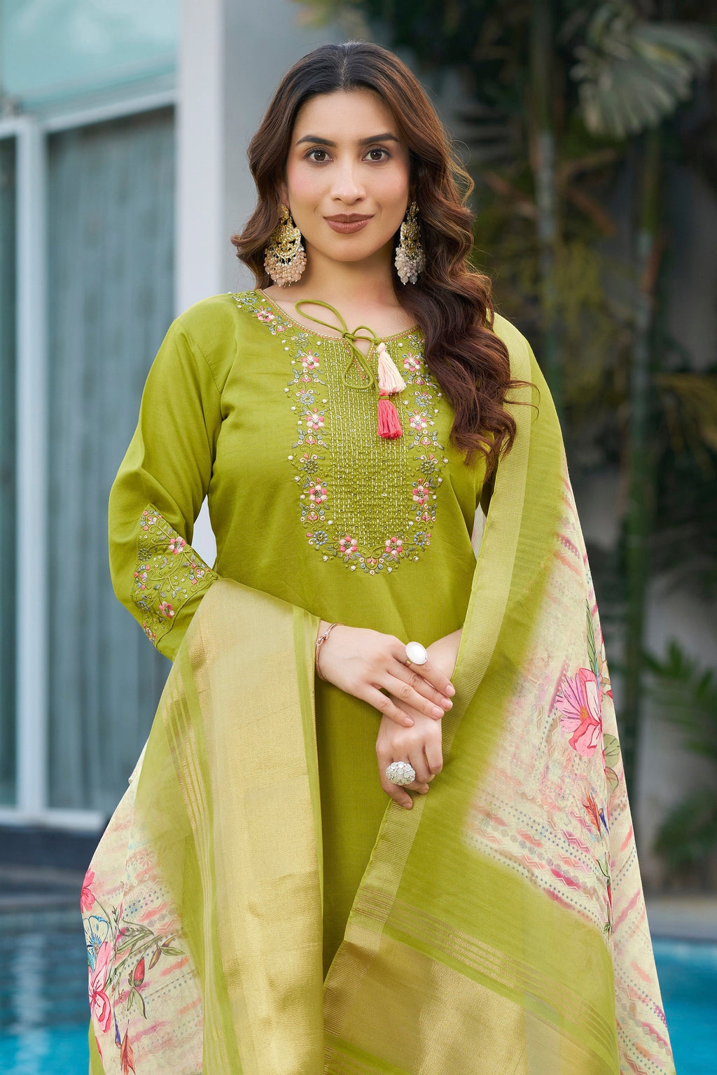 Vedant Vastram Viscose Silk Embroidery & Sequence Work Stitched Kurta Pant Dupatta Set-Parrot Green