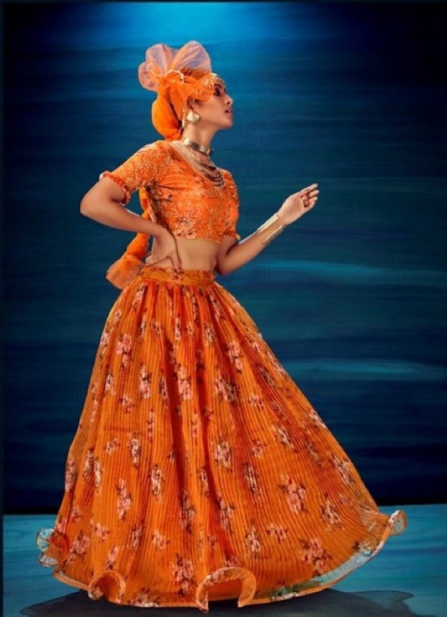 Anaita Orange Organza Lehenga Choli With Sequence & Thread Work