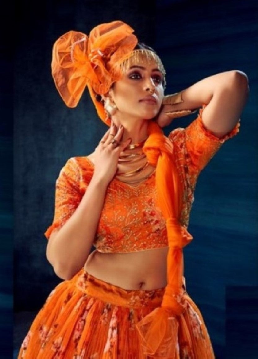 Anaita Orange Organza Lehenga Choli With Sequence & Thread Work