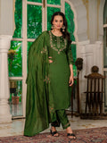 Vedant Vastram Simmer Silk Hand Work & Embroidery Work Stitched Kurta Pant Dupatta Set-Mahendi