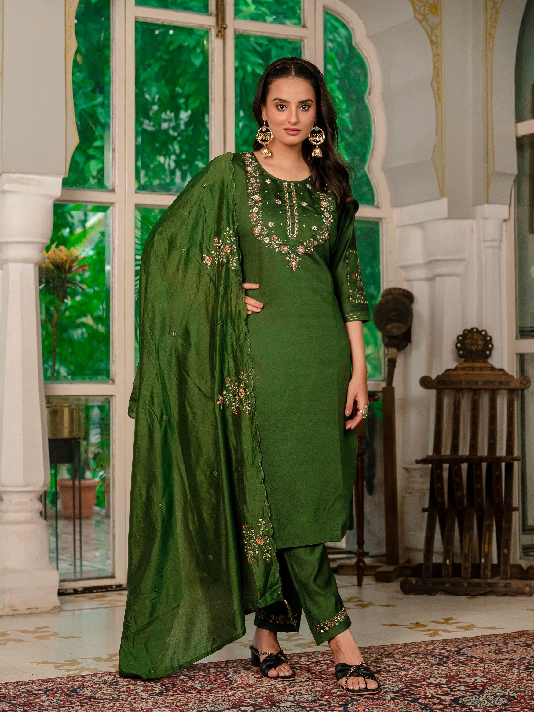 Vedant Vastram Simmer Silk Hand Work & Embroidery Work Stitched Kurta Pant Dupatta Set-Mahendi
