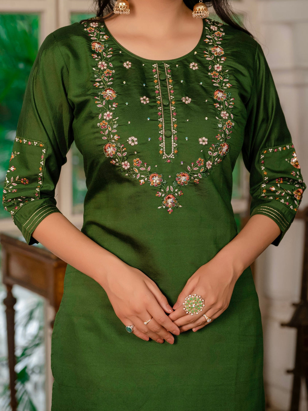 Vedant Vastram Simmer Silk Hand Work & Embroidery Work Stitched Kurta Pant Dupatta Set-Mahendi