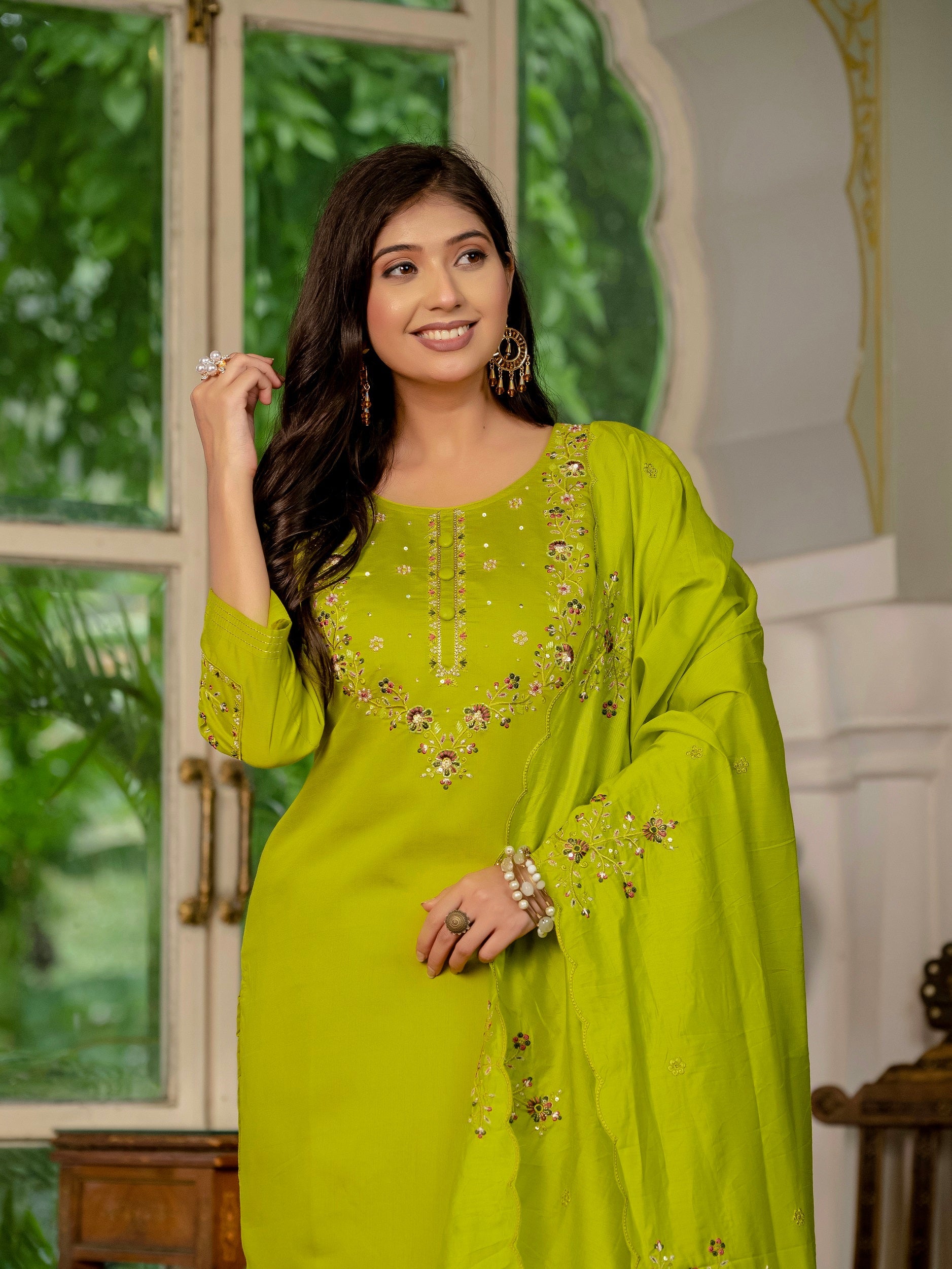 Vedant Vastram Simmer Silk Hand Work & Embroidery Work Stitched Kurta Pant Dupatta Set-Parrot Green
