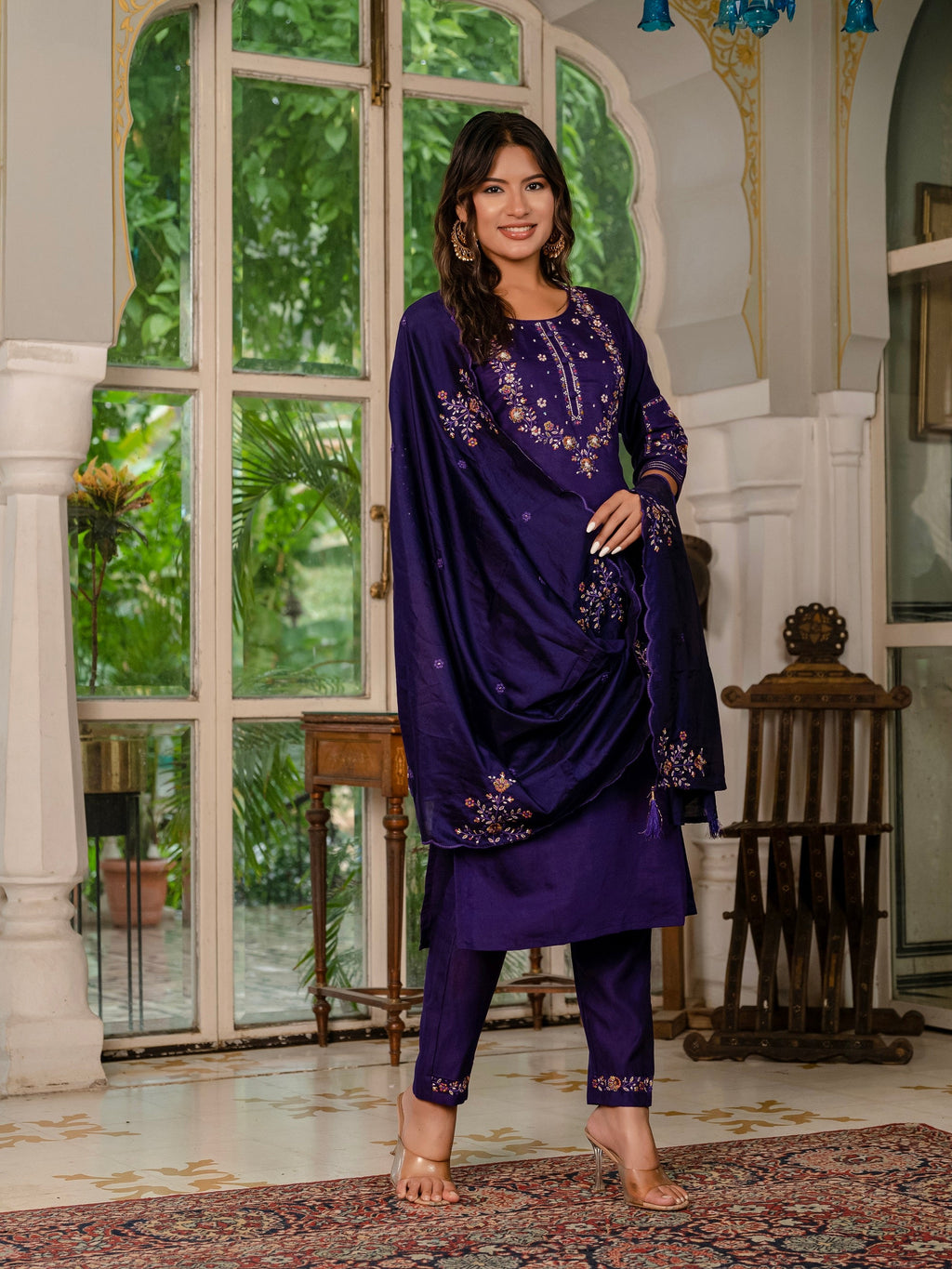 Vedant Vastram Shimmer Silk Hand Work & Embroidery Work Stitched Kurta Pant Dupatta Set-Violet
