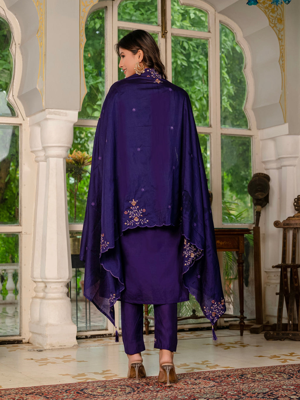 Vedant Vastram Shimmer Silk Hand Work & Embroidery Work Stitched Kurta Pant Dupatta Set-Violet