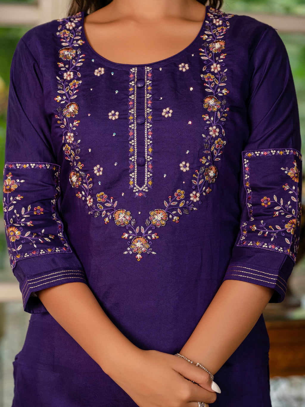 Vedant Vastram Shimmer Silk Hand Work & Embroidery Work Stitched Kurta Pant Dupatta Set-Violet