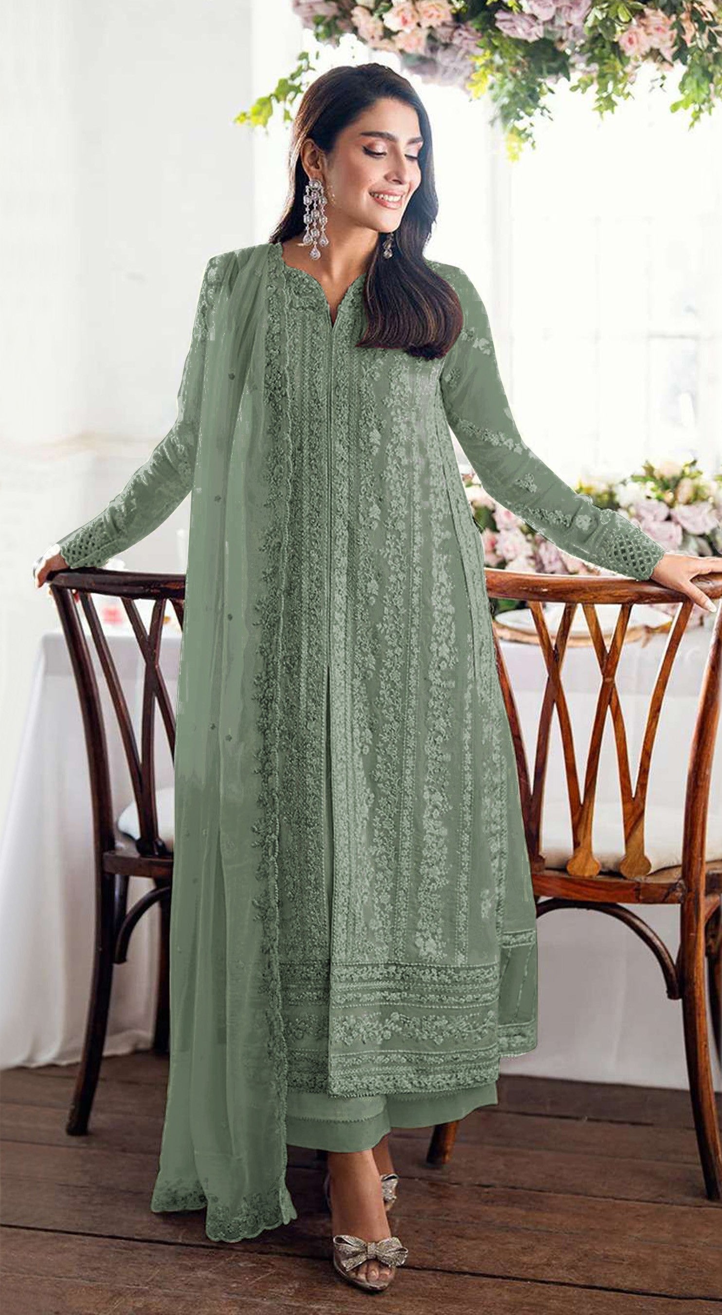Anaita Teal Green Faux Georgette Suit With Embroidery Sequence & Khatli Work