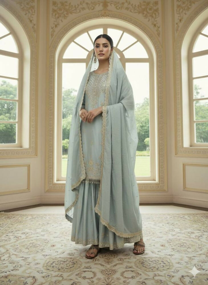 Teeya Creation Mint Green Color Chinnon Silk Embroidery Work Wedding Wear Salwar Suit