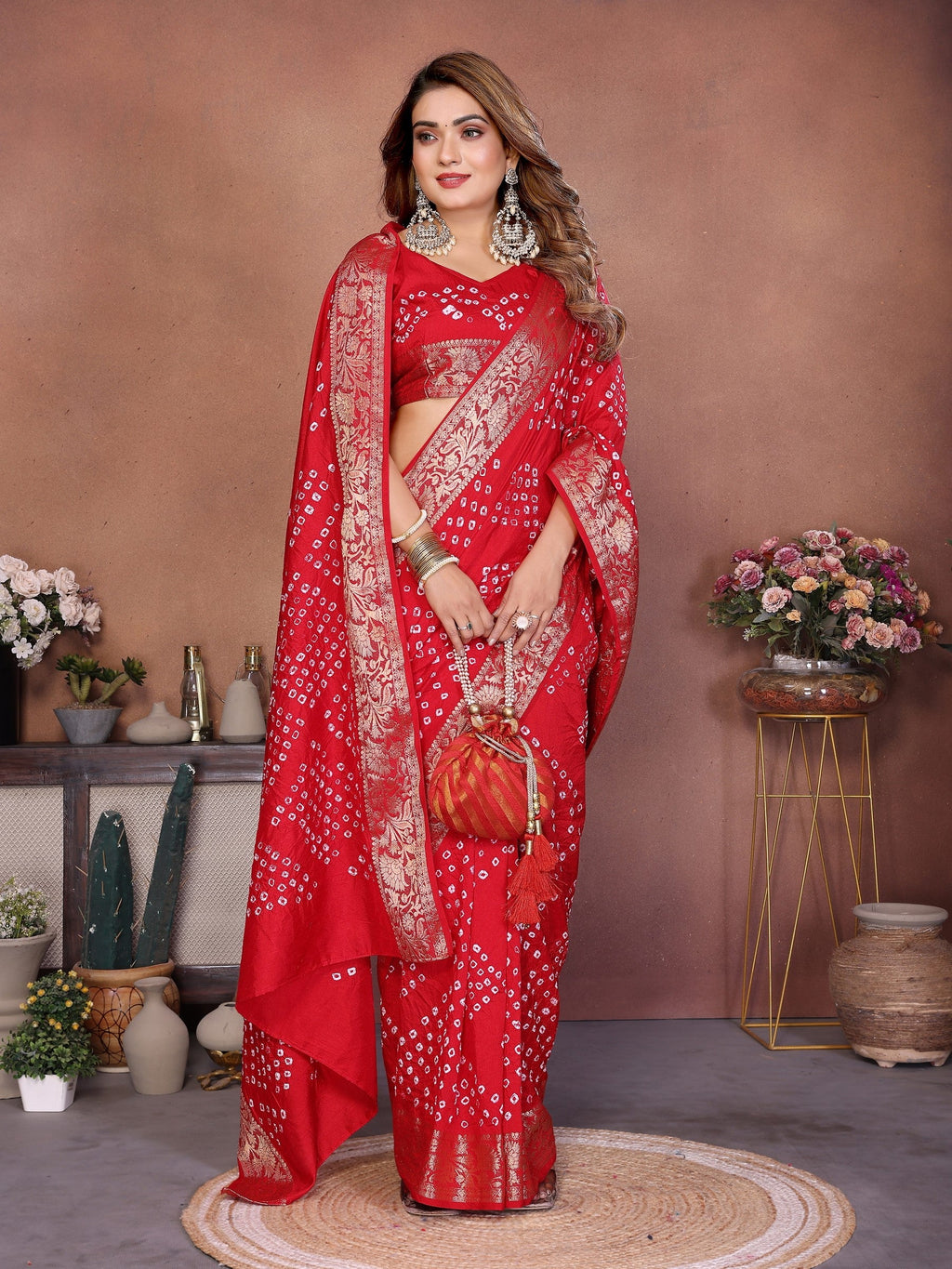 Anaita Red Handmade Bandhej Viscose Silk Saree With Blouse