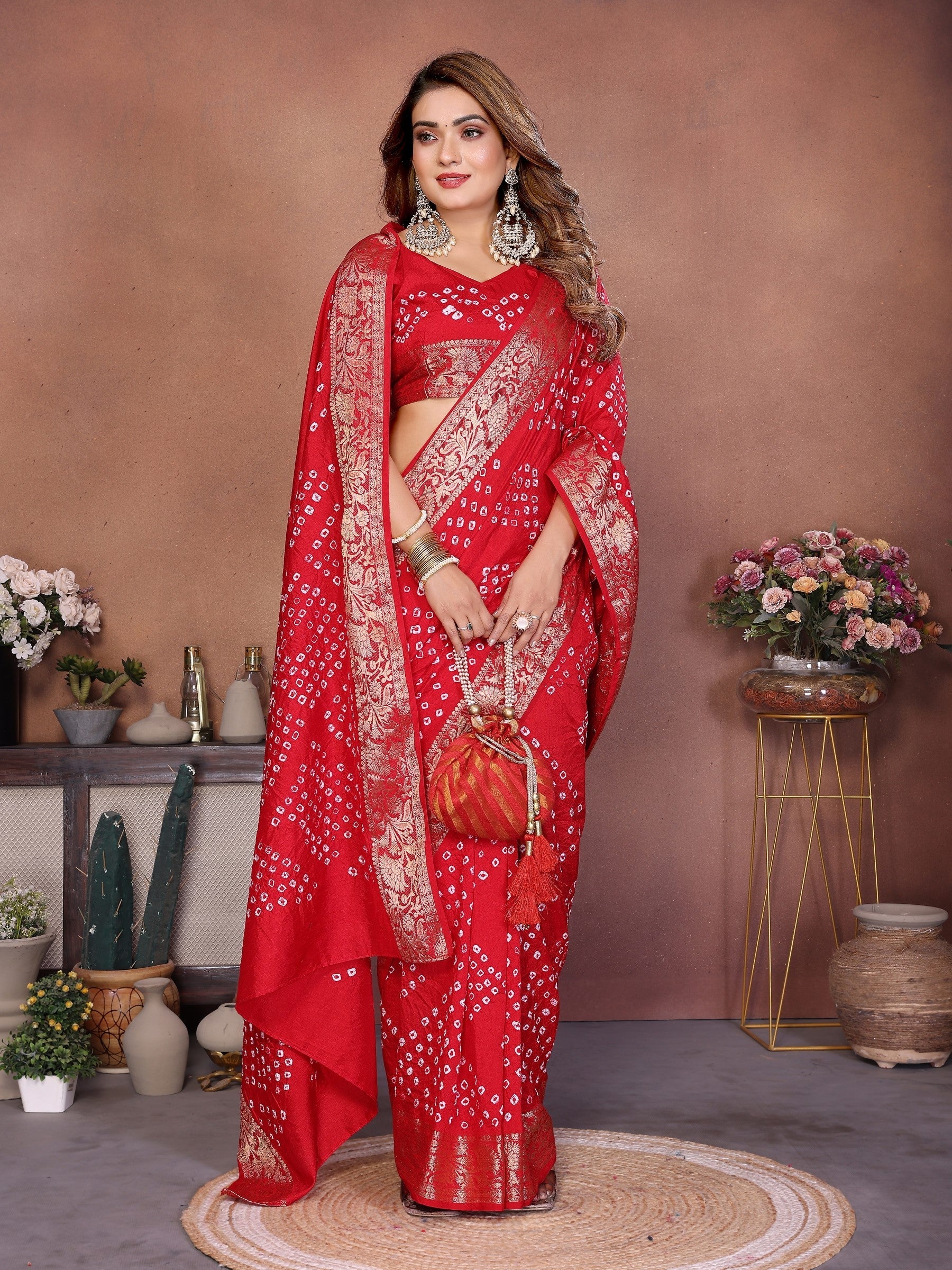 Anaita Red Handmade Bandhej Viscose Silk Saree With Blouse