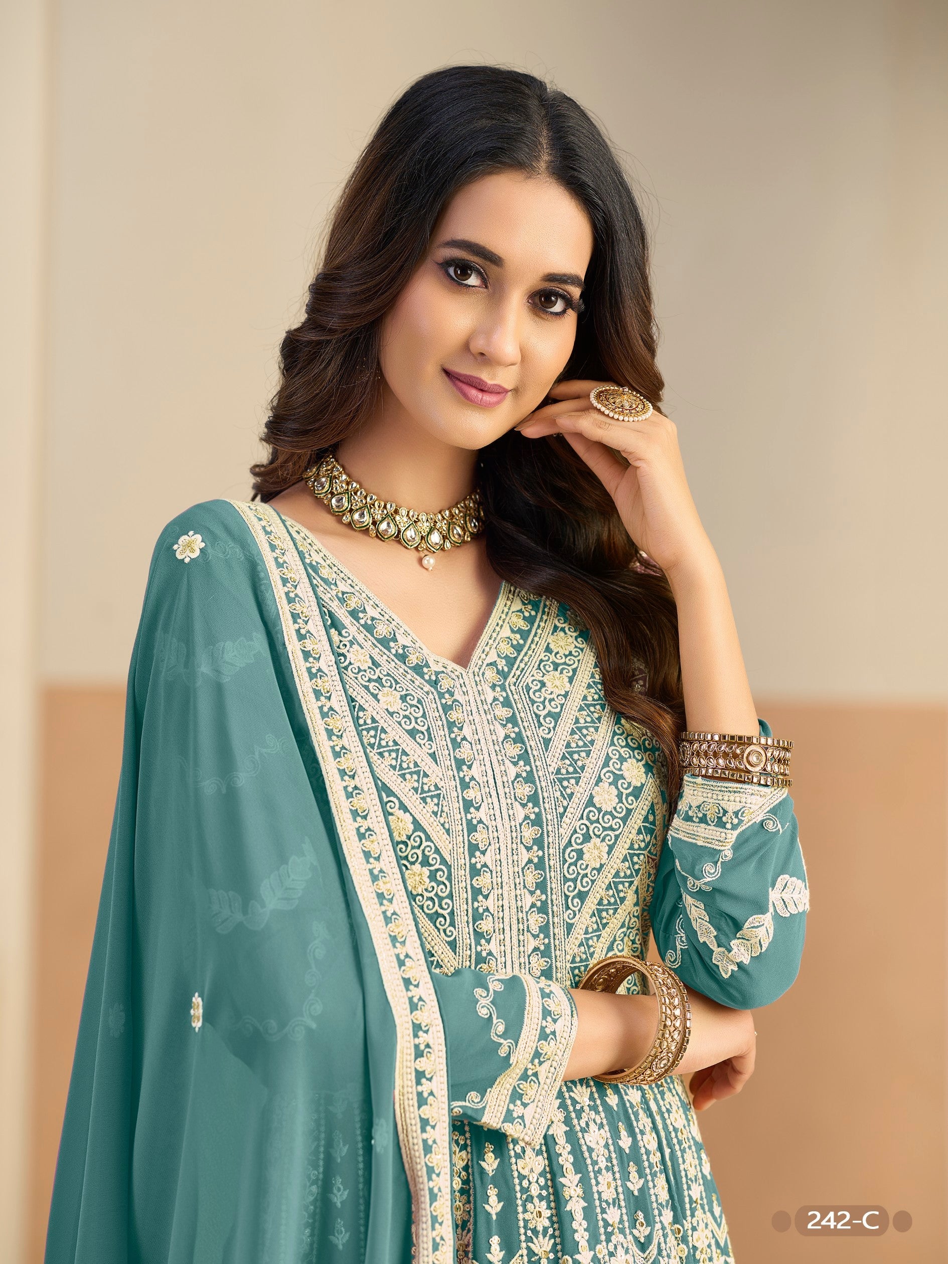Anaita Light Blue Heavy Embroidered Faux Georgette Anarkali Suit With Salwar