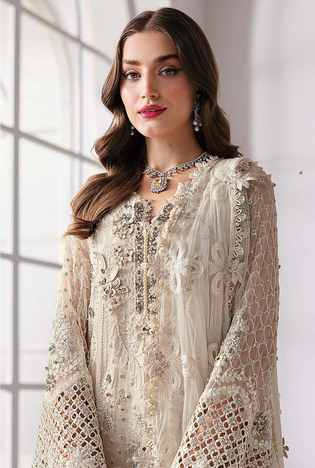 Anaita Cream Fox Georgette Suit With Khatli & Sequence Work