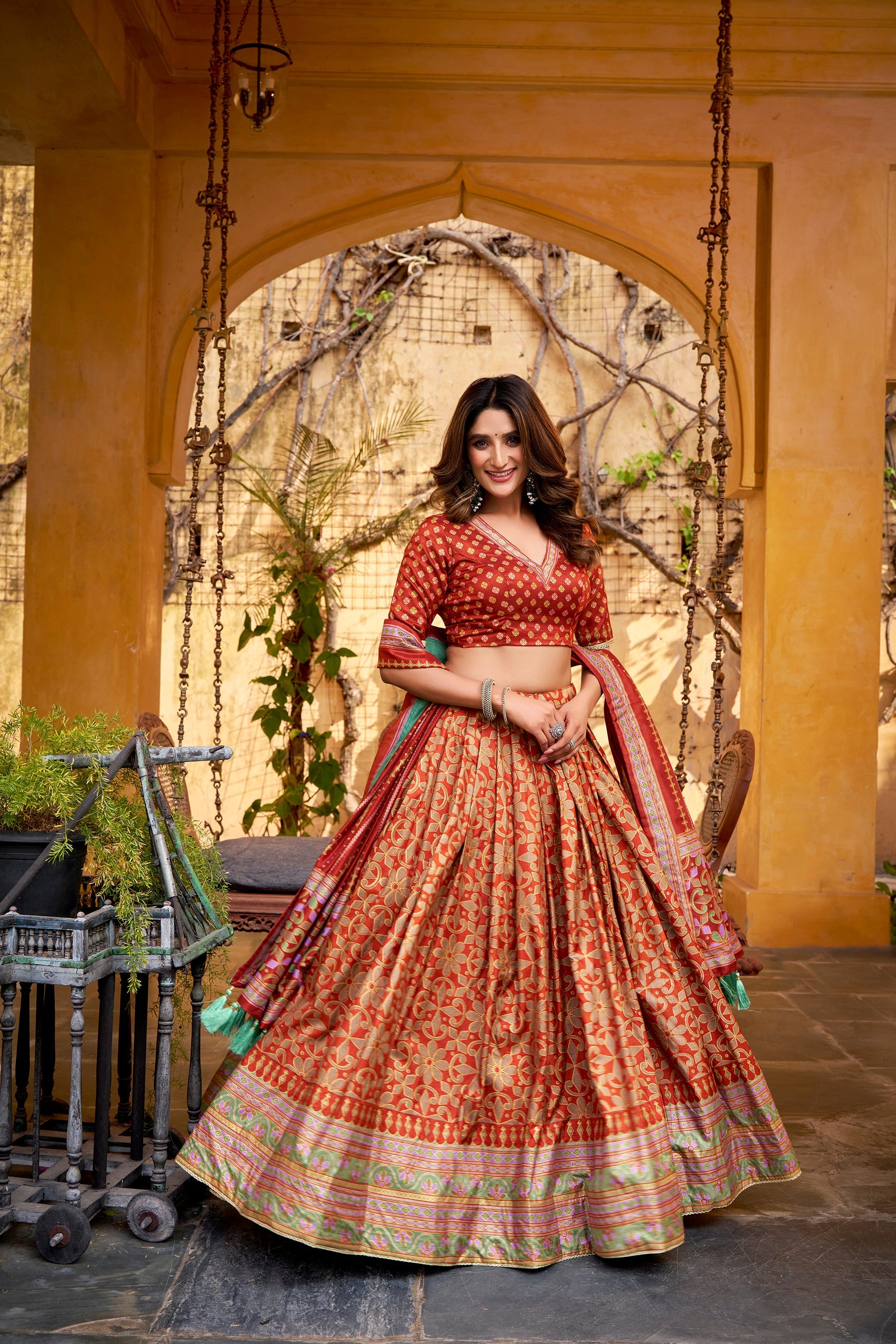 Lorenvalley Fashion Orange Tussar Silk Iconic Sparkle With Lace Border Lehenga Choli with Dupatta