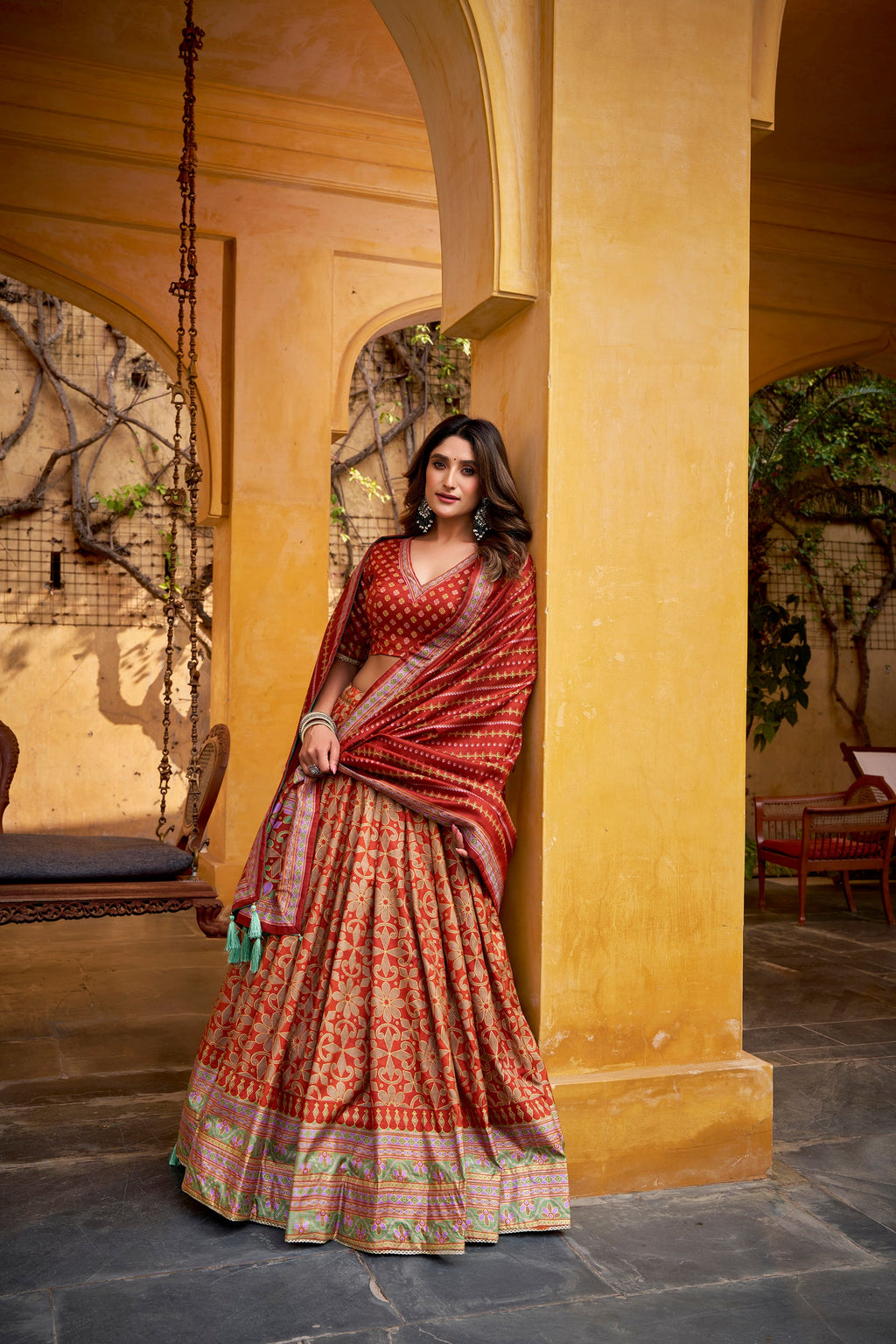 Lorenvalley Fashion Orange Tussar Silk Iconic Sparkle With Lace Border Lehenga Choli with Dupatta