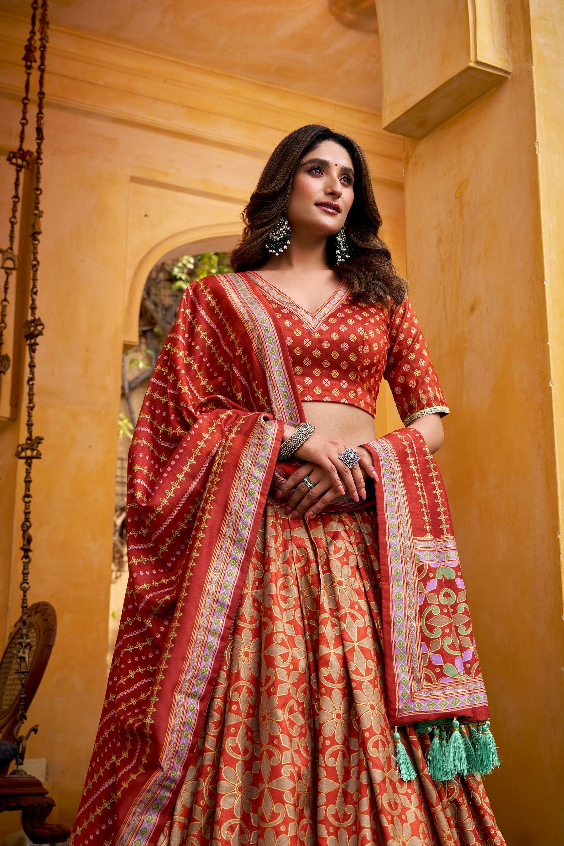 Lorenvalley Fashion Orange Tussar Silk Iconic Sparkle With Lace Border Lehenga Choli with Dupatta