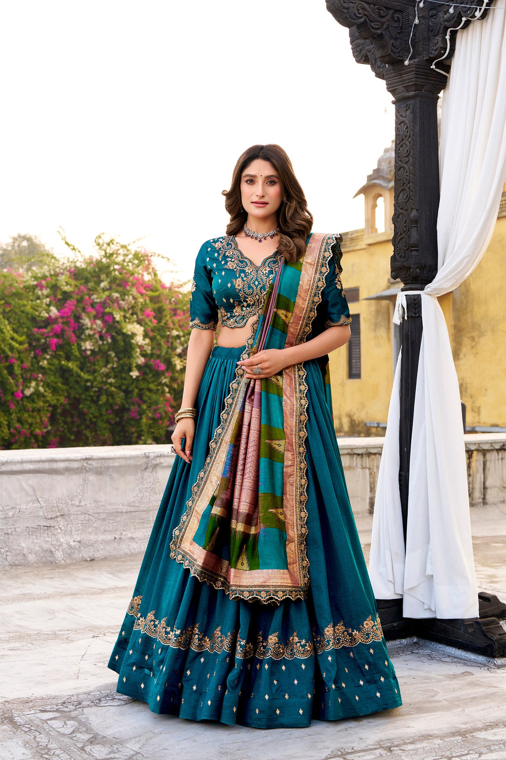 Lorenvalley Fashion Firozi Vichitra Silk Sequins and Thread Embroidery Work Lehenga Choli with Dupatta
