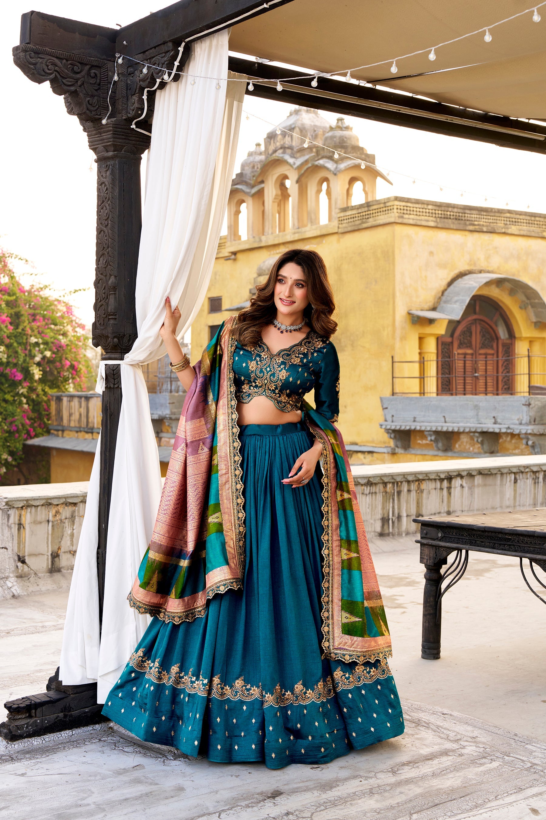 Lorenvalley Fashion Firozi Vichitra Silk Sequins and Thread Embroidery Work Lehenga Choli with Dupatta