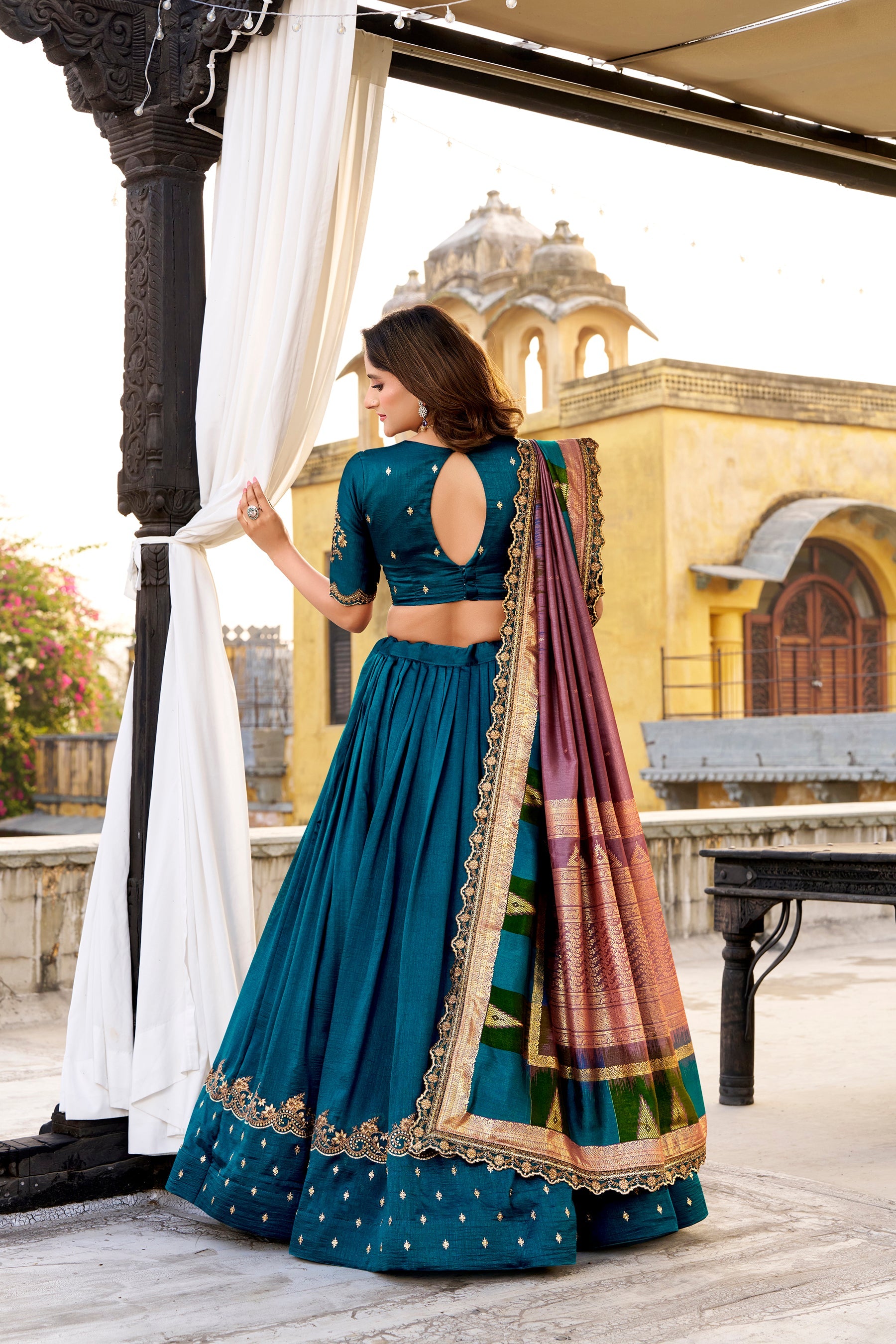 Lorenvalley Fashion Firozi Vichitra Silk Sequins and Thread Embroidery Work Lehenga Choli with Dupatta