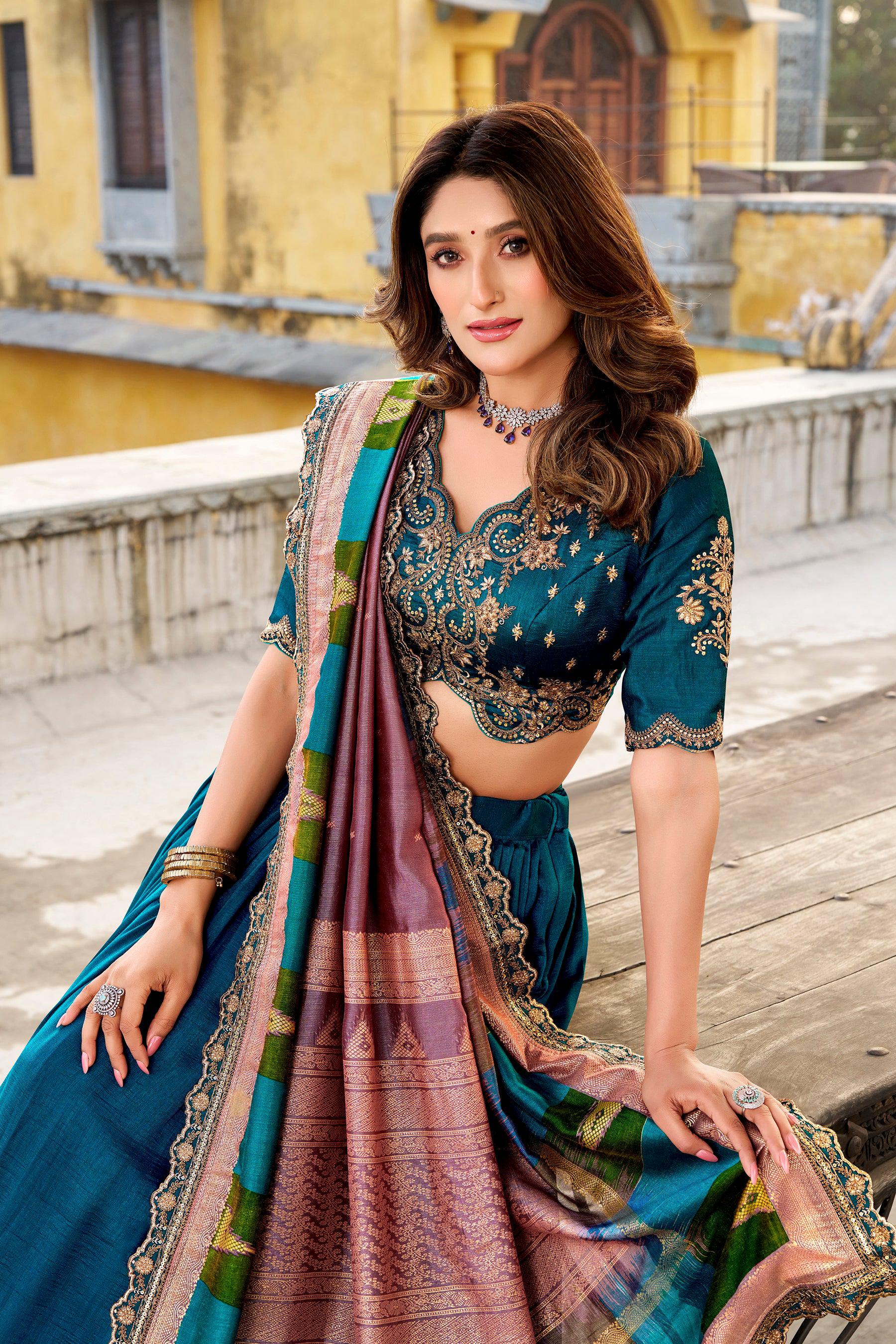Lorenvalley Fashion Firozi Vichitra Silk Sequins and Thread Embroidery Work Lehenga Choli with Dupatta