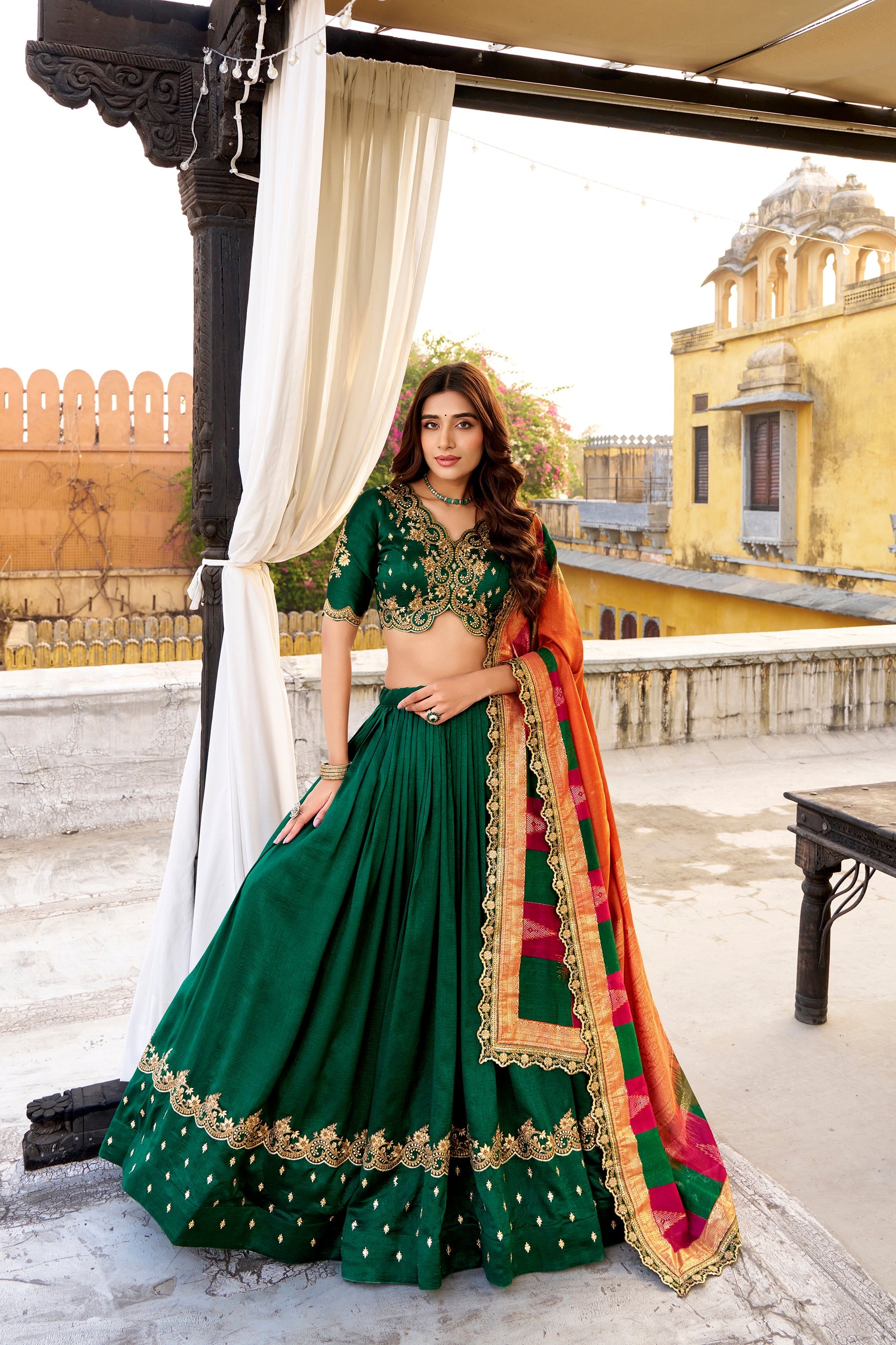 Lorenvalley Fashion Green Vichitra Silk Sequins and Thread Embroidery Work Lehenga Choli with Dupatta