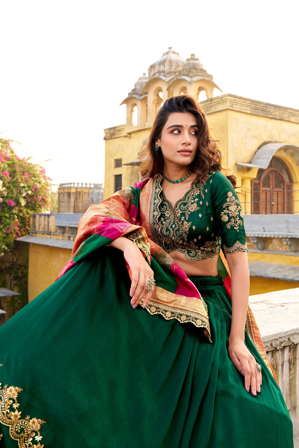 Lorenvalley Fashion Green Vichitra Silk Sequins and Thread Embroidery Work Lehenga Choli with Dupatta