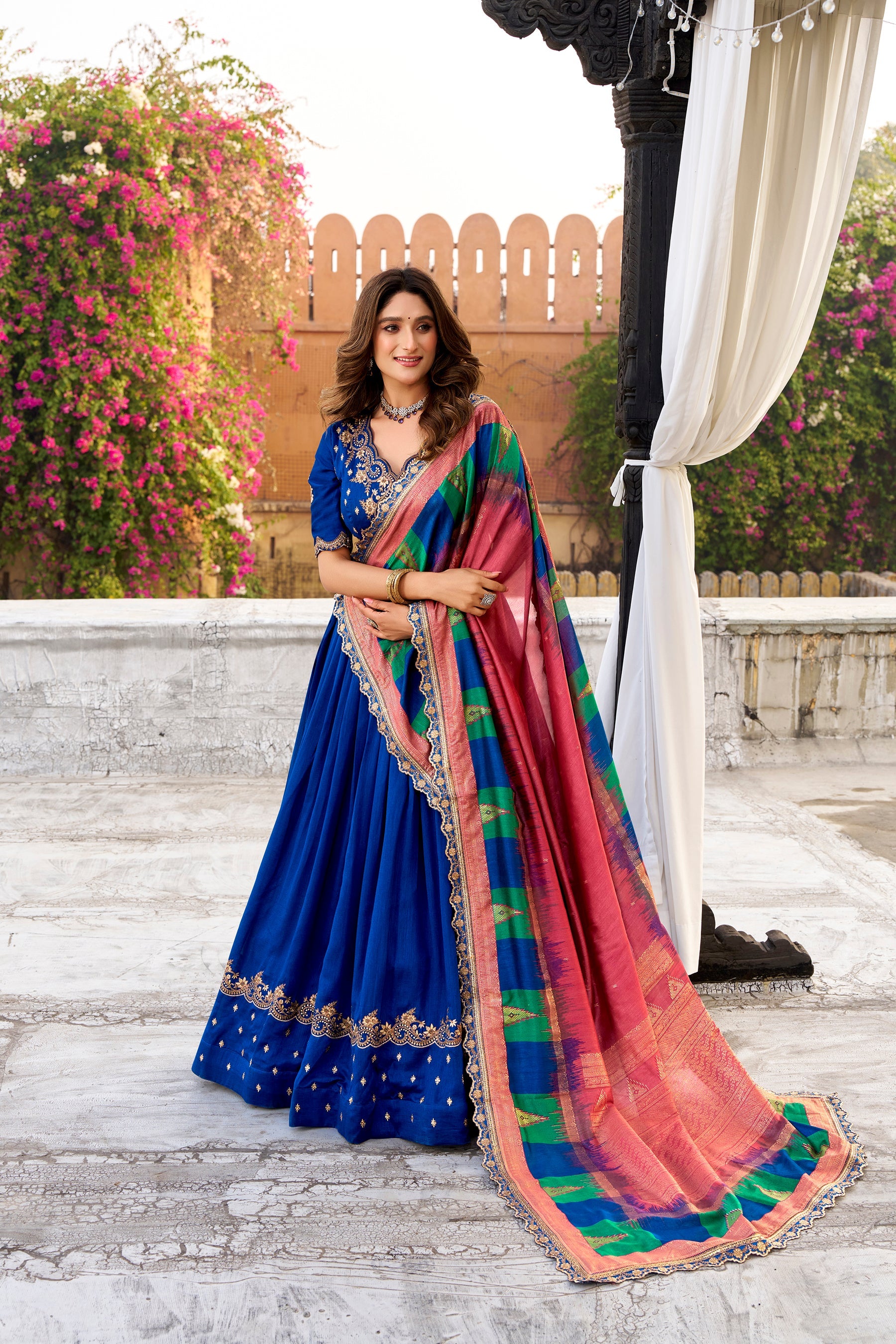 Lorenvalley Fashion Royal Blue Vichitra Silk Sequins and Thread Embroidery Work Lehenga Choli with Dupatta