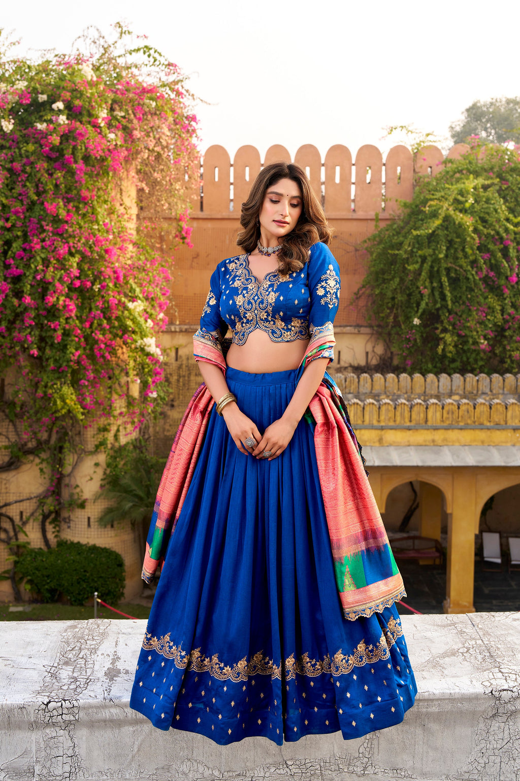 Lorenvalley Fashion Royal Blue Vichitra Silk Sequins and Thread Embroidery Work Lehenga Choli with Dupatta