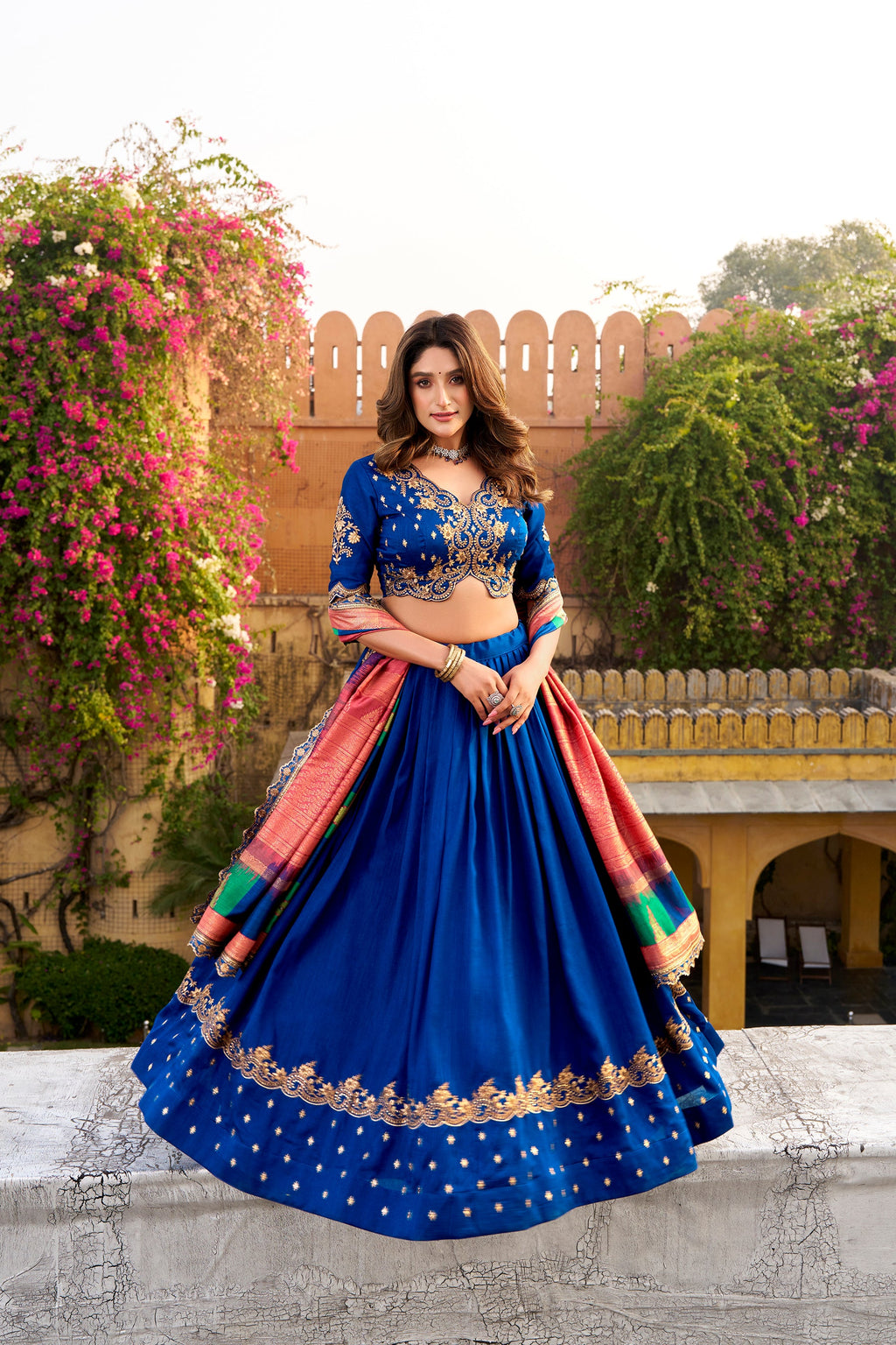Lorenvalley Fashion Royal Blue Vichitra Silk Sequins and Thread Embroidery Work Lehenga Choli with Dupatta