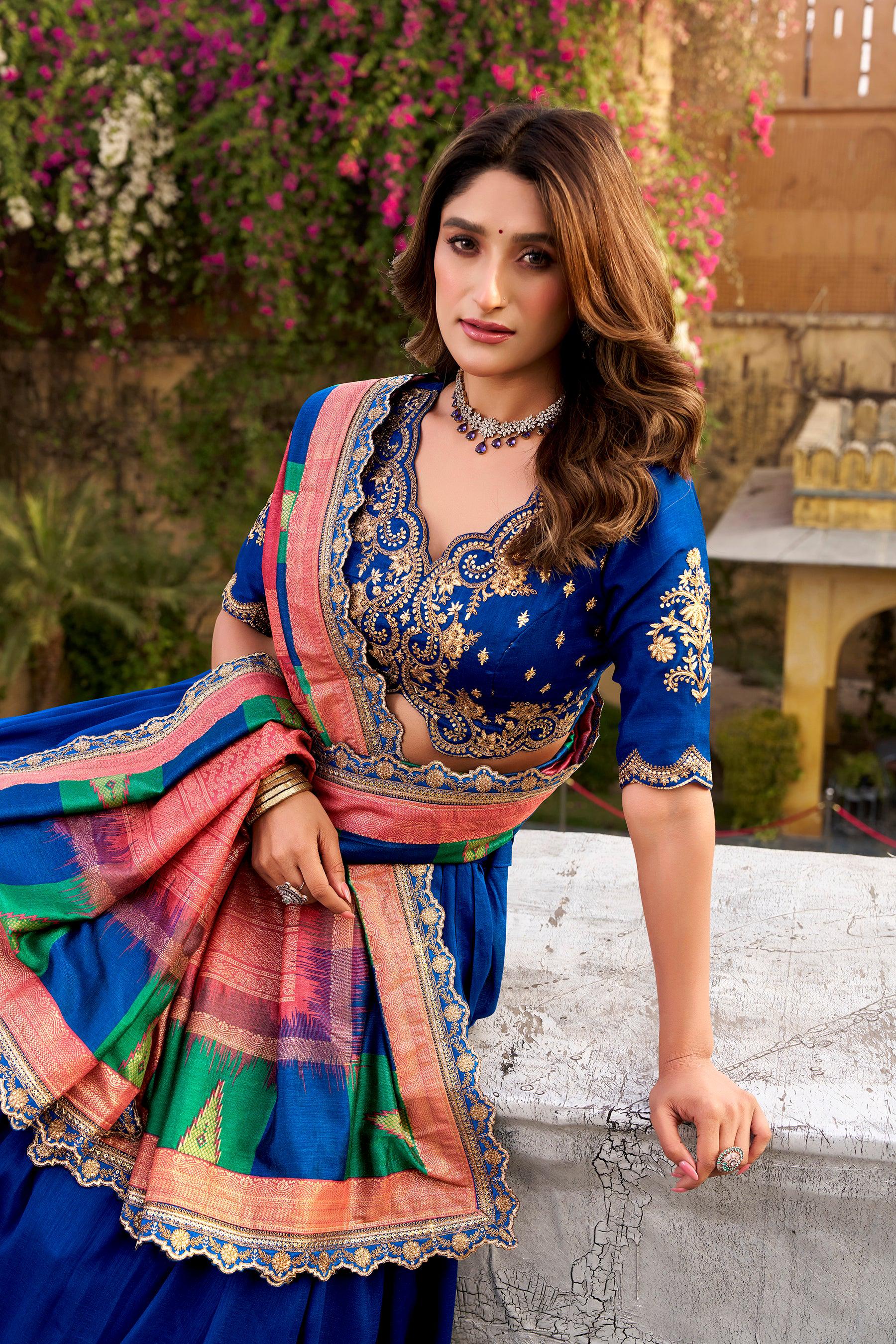 Lorenvalley Fashion Royal Blue Vichitra Silk Sequins and Thread Embroidery Work Lehenga Choli with Dupatta