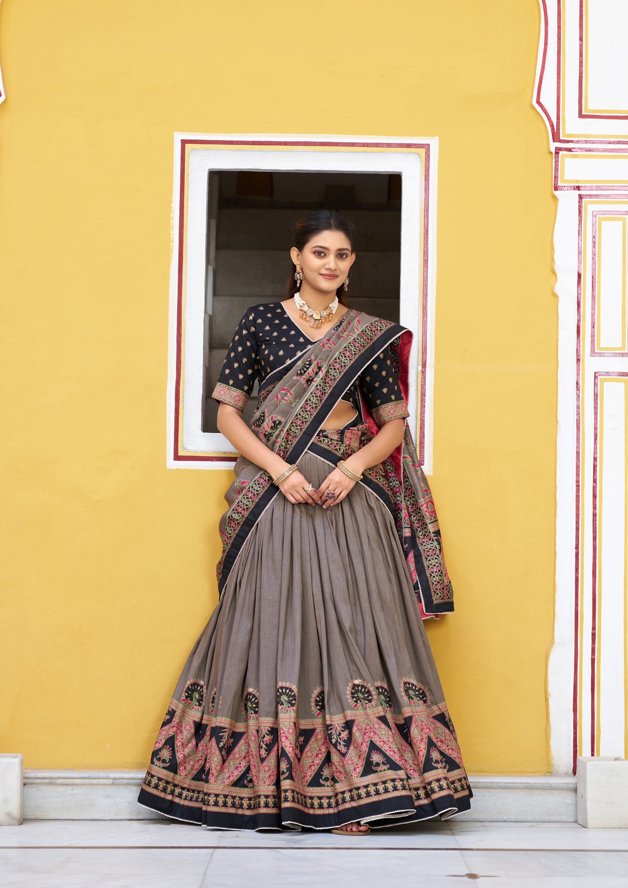 Lorenvalley Fashion Black Tasar Silk Printed And Iconic Sparkle with Lace Border Lehenga Choli with Dupatta